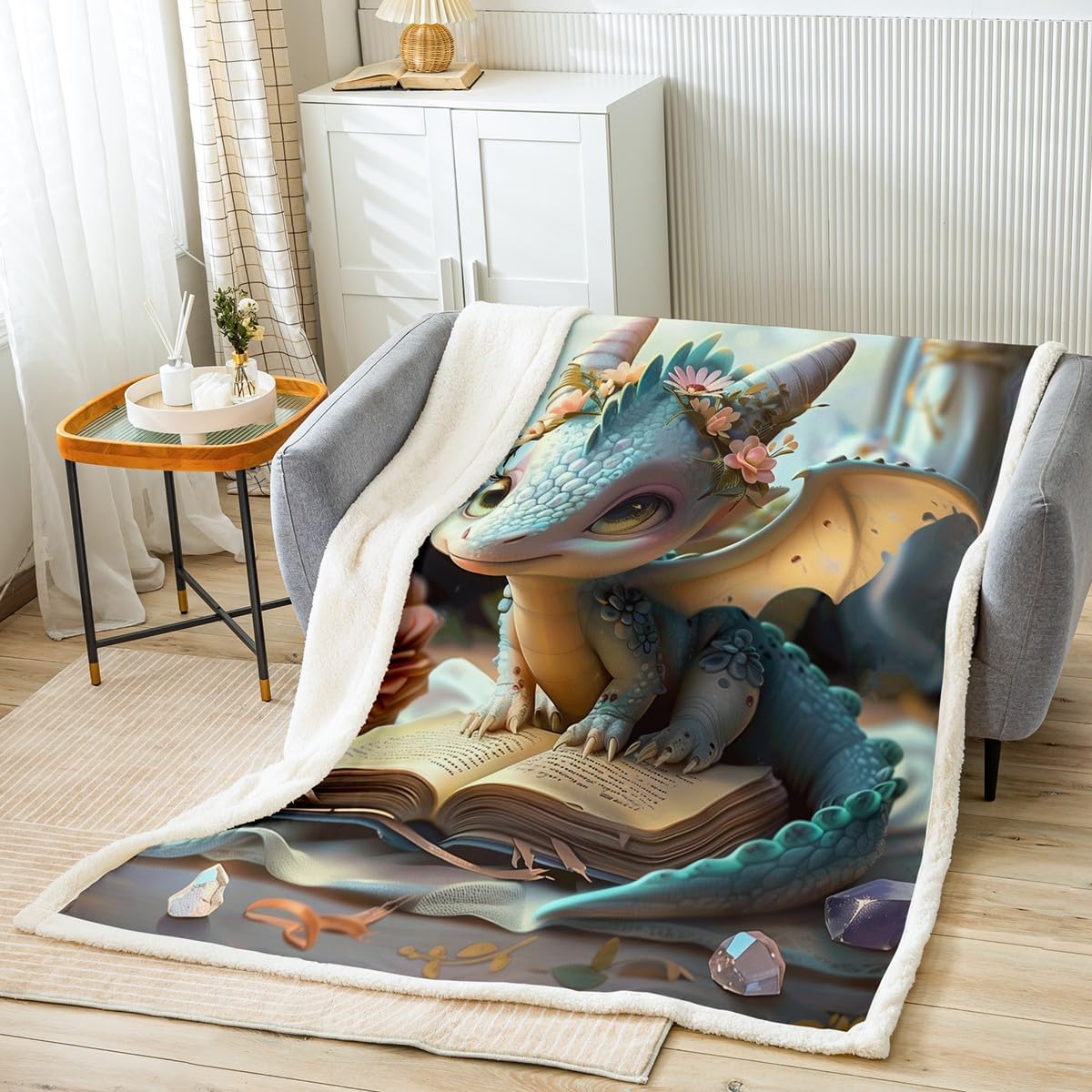 Cartoon Dragon Blanket Fantasy Western Animal Throw Blanket for Kids Wild Daisy Flower Sherpa Blanket Cute Dragons Twin 60x80 Inch Living Room Decor Blanket