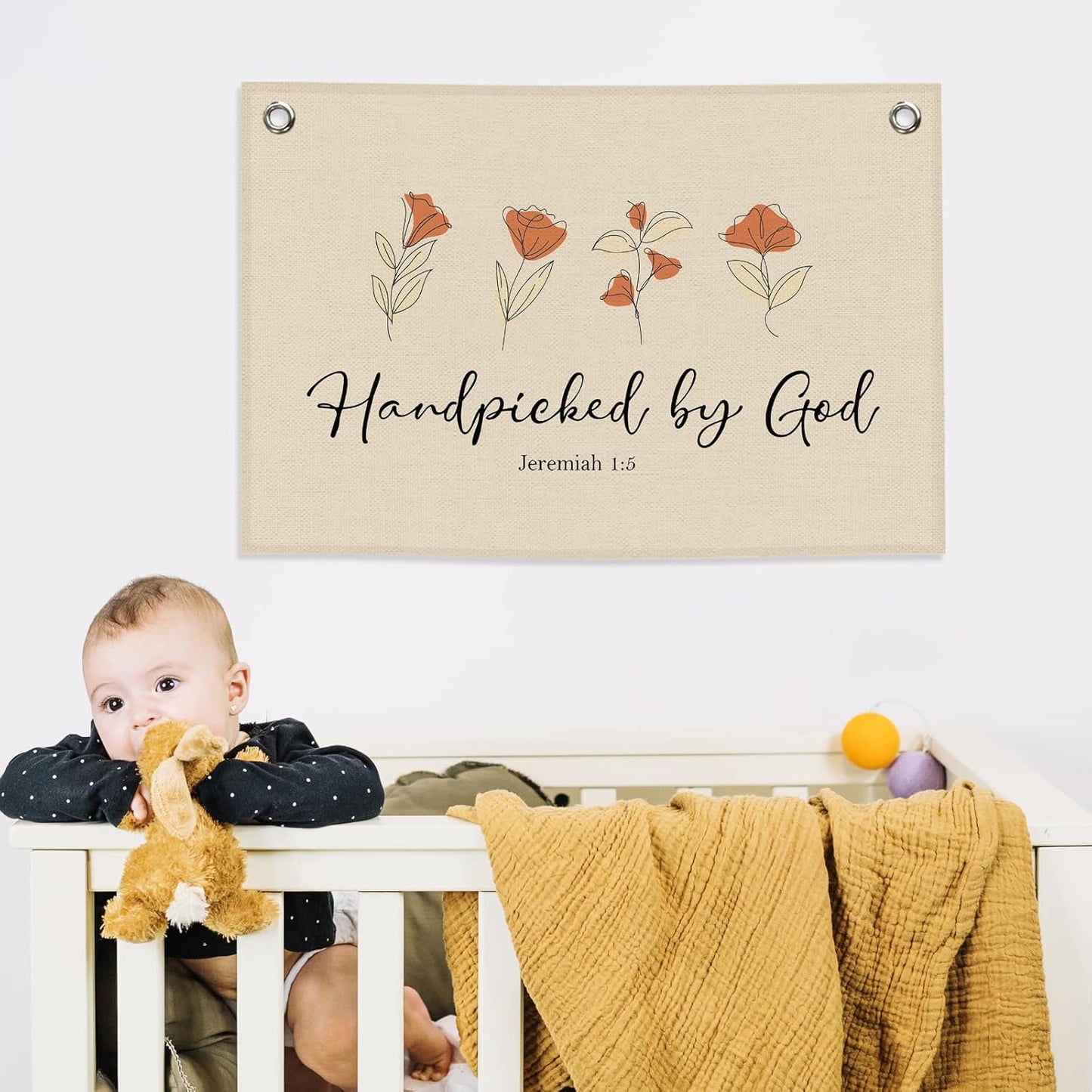 Nursery Christian Kids Banner Canvas, Flower Floral Toddler Room Decor,Handpicked by God Hanging Flag Sign, Positive Wall Tapestry Art for Baby Shower Classroom Playroom Bedroom Decor 20x30in