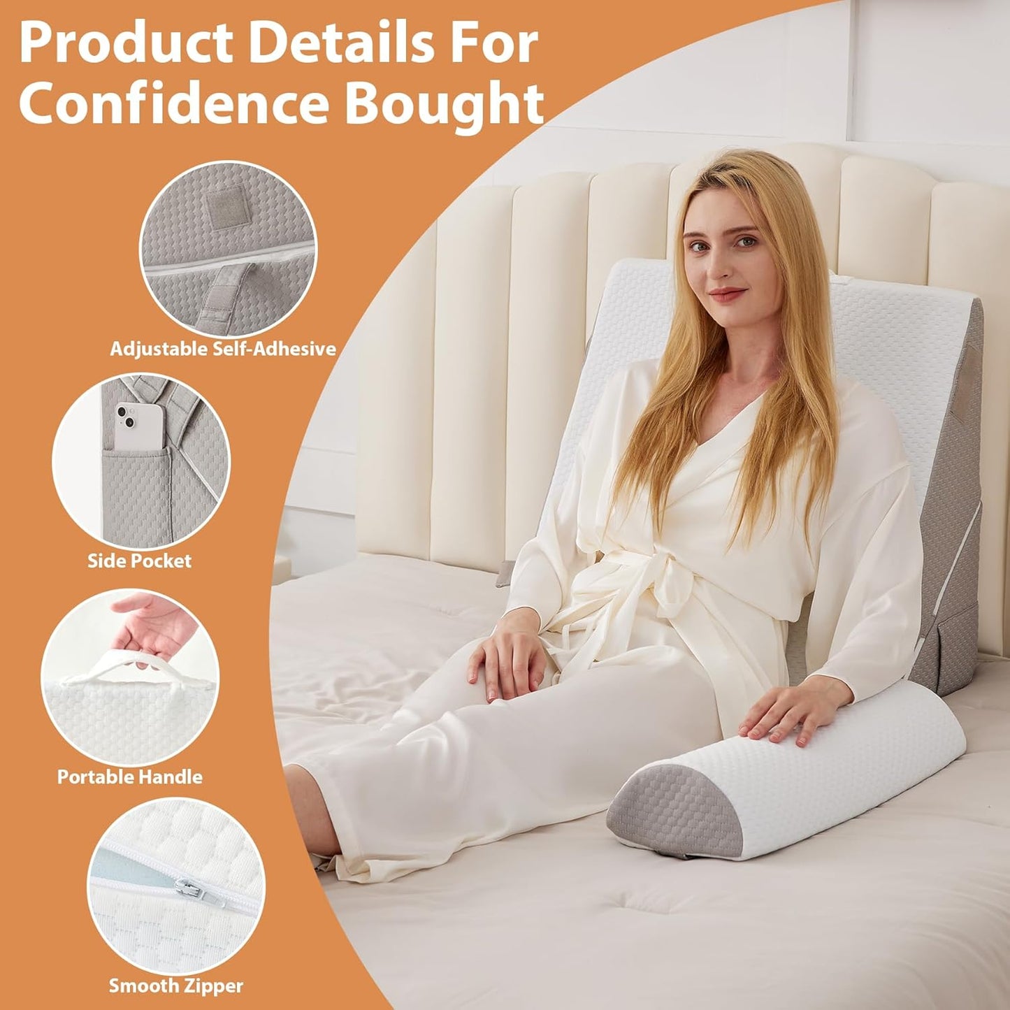 Wedge Pillow Set for After Surgery, Wedge Pillow for Acid Reflux, Bed Wedge Pillow with Adjustable 9&12inch for Headboard,Sleeping, Orthopedic Memory Foam for Neck&Back Support, White/Grey