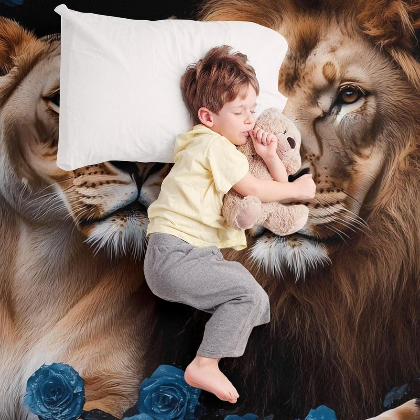 Lion Blue Rose Throw Blanket for Couch Bed Plush Cozy Fuzzy Flannel Blanket for All Season 40"x50"