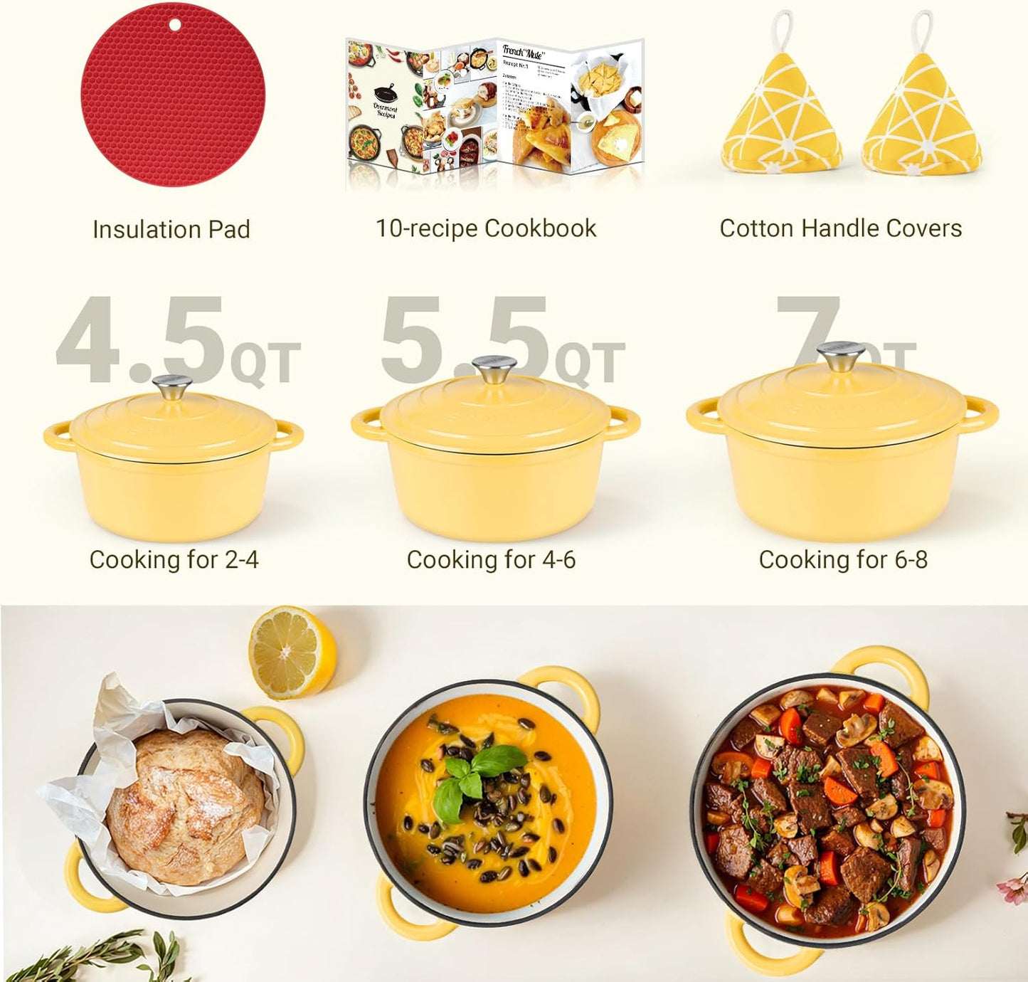 Overmont Enameled Cast Iron Dutch Oven - 5.5QT Pot with Lid Cookbook & Cotton Potholders - Heavy-Duty Cookware for Braising, Stews, Roasting, Bread Baking Goose Yellow