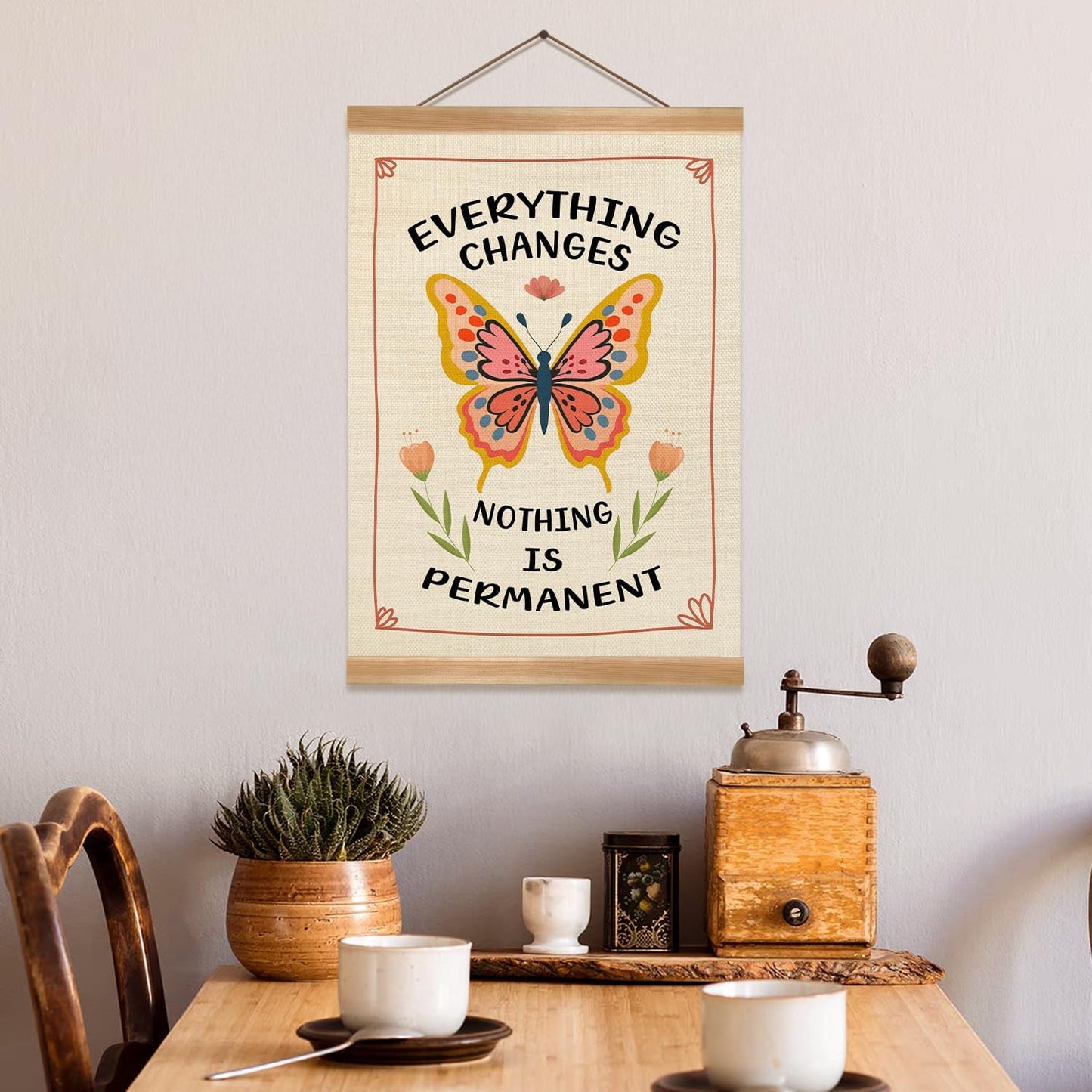 Inspirational Butterfly Wall Art –Everything Changes, Nothing Is Permanent, daily affirmations wall decor,Boho decor,Mindfulness Linen Canvas Hanging poster for Bedroom, Office, or Therapy Room(Butterfly)