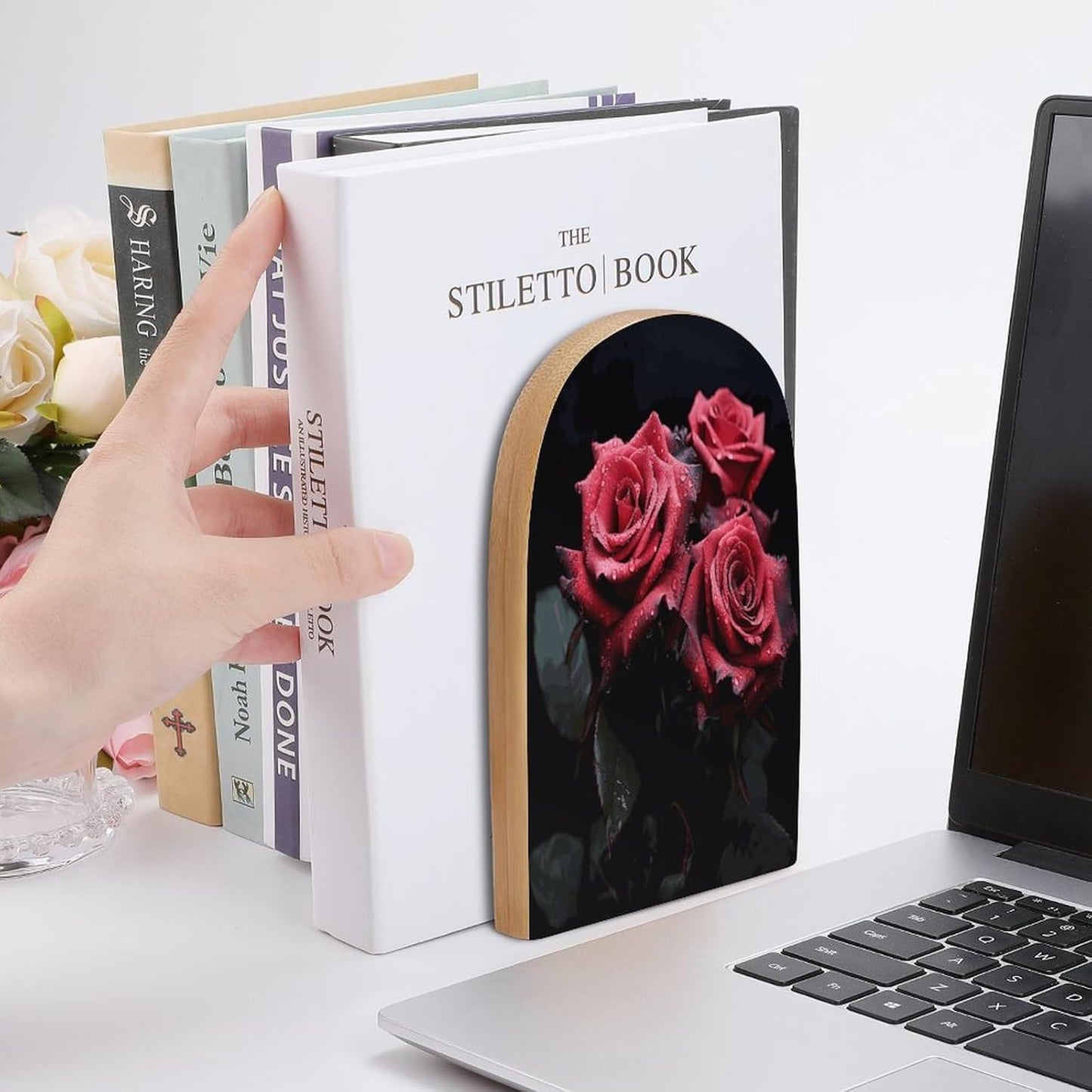 Red Rose and Black Leaves Wooden Bookend Non-Slip Book Ends Heavy Duty Book Stopper with Metal Base Books Holderd Decorative Bookends Stands Firmly for Office Supplies