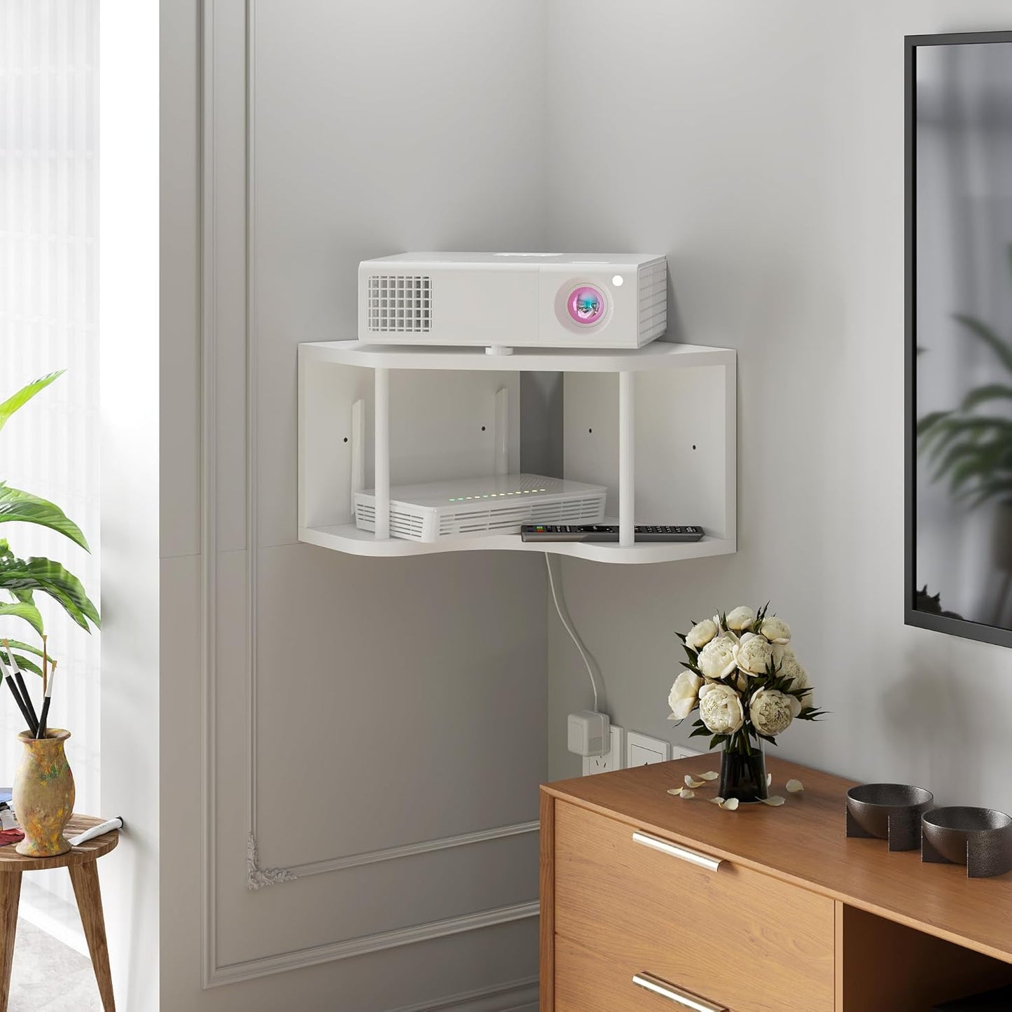 White Corner Floating Shelf Wall Mounted, Pine Wood Shelves 90° Corner Floating Cabinet Shelf for Wall, 18’’ Bedside Corner Shelves with Cord Hole, Projector Floating Shelf for Living Room, Bedroom