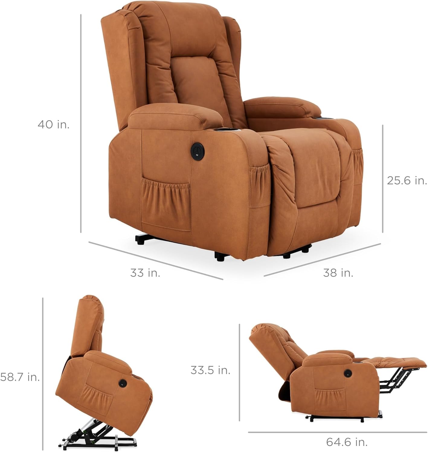 PU Leather Electric Power Lift Chair Recliner Massage Chair, Adjustable Furniture for Back Easy-to-Reach Side Button Cupholders Legs w/ 3 Positions USB Port Heat