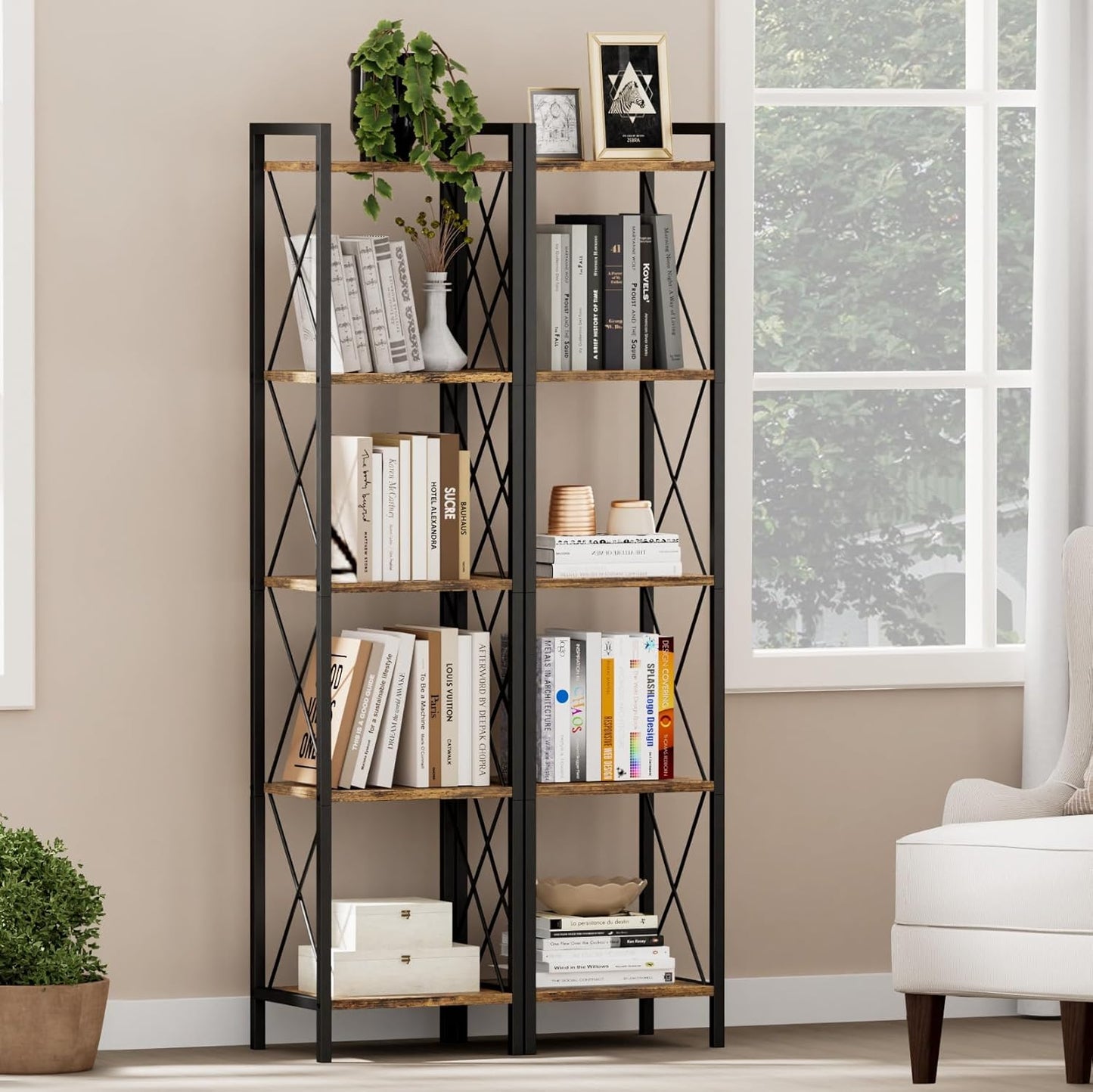 Homhedy 5 Tier Bookshelf, Tall Narrow Bookcase for Small Space, Metal Storage Book Shelf, for Home Office, Living Room, Kitchen, Bedroom, Industrial Style, 10.4" D x 13" W x 55.1" H, Rustic Brown