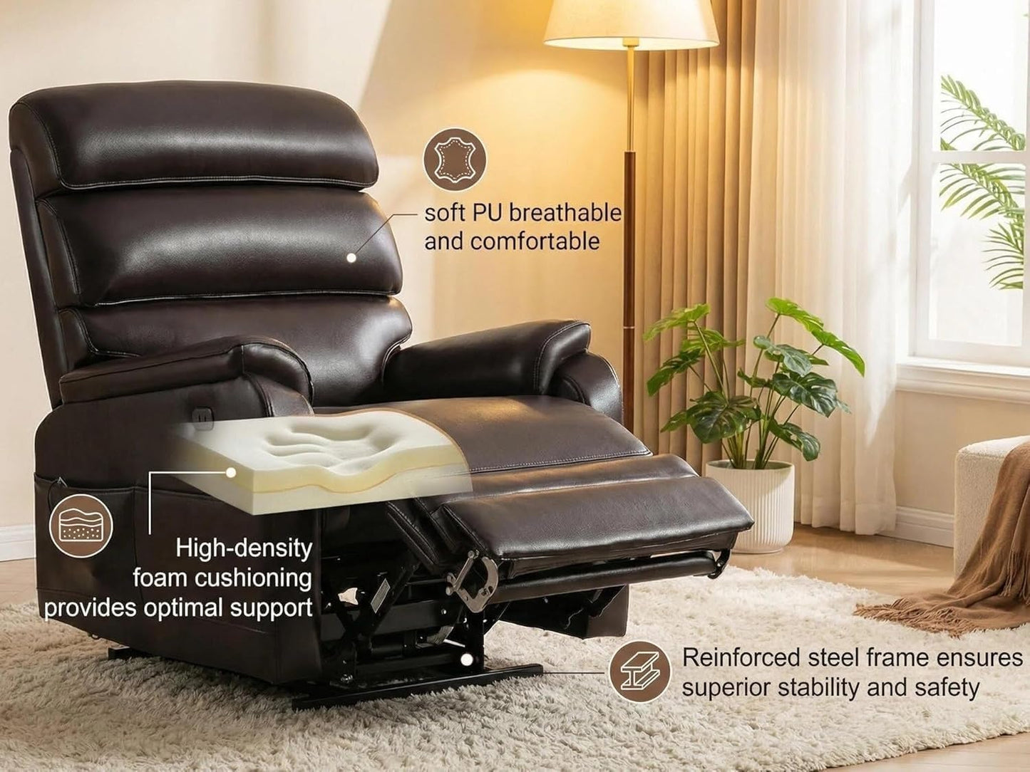 Power Lift Recliner Chair Single Sofa with Extended Footrest Heat Massage Big Tall Lay Flat Ergonomic Lounge Chairs for Home Theater Living Room Bedroom