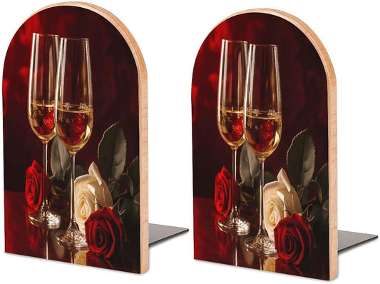 Two Glasses of White Wine Bookend for Shelves Wooden Book End Large Size Sturdy Book Holders Stoppers with Metal Base for Bookshelves Slick Decorative Bookends Stands