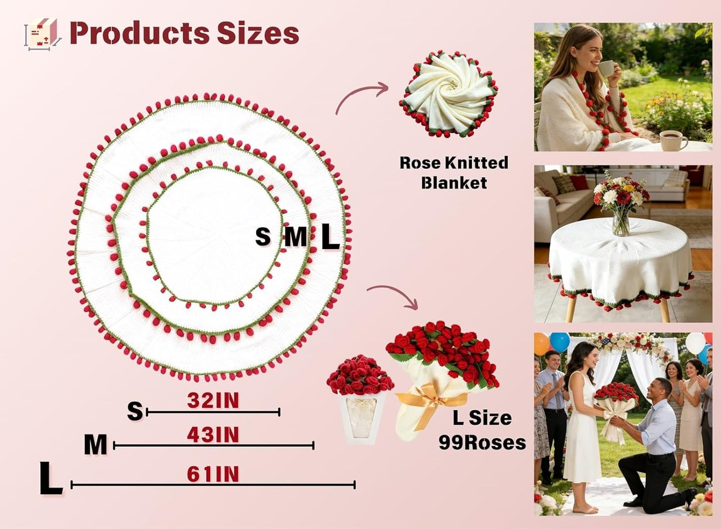 SST Stocking Stuffers, Crochet Rose Flowers Blanket Bouquet, Handmade Knitted Throw Blanket for Women