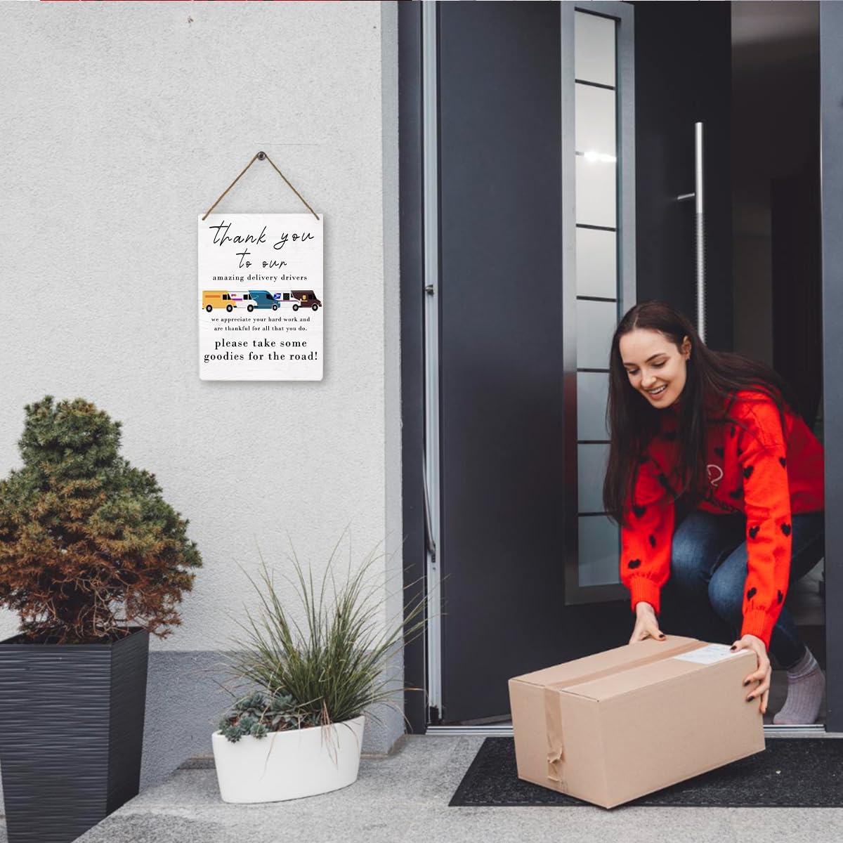 Mtrgdn Delivery Driver Snack Sign,Thank You To Our Amazing Delivery Driver Wood Hanging Sign for Package Drop-Off, Free Snacks Front Door,8x10 Inch
