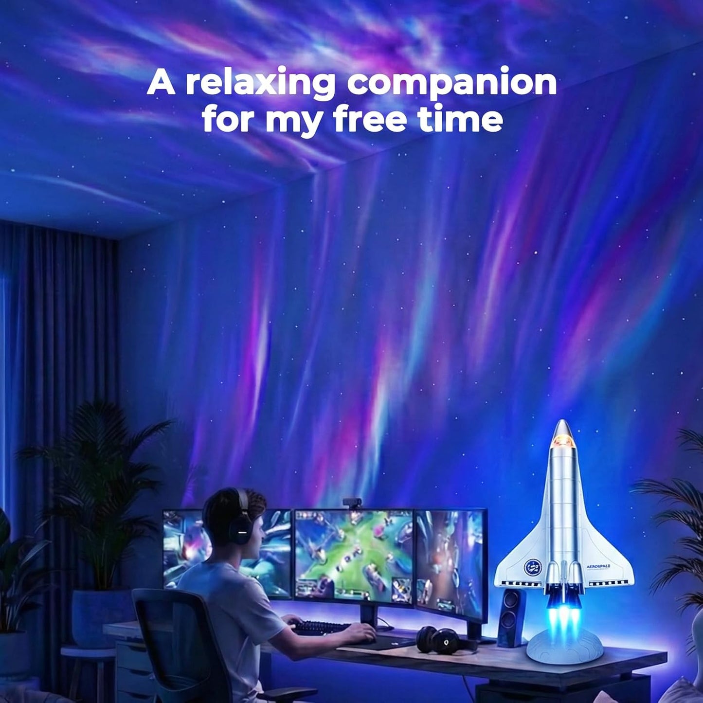 Space Shuttle Projector Lamp, Dynamic Nebula Light, Galaxy Night Light with Colorful Tail Jet Flame & Multiple Scene Sound Effects, Metallic Texture for Bedroom, Birthday Kids and Adults