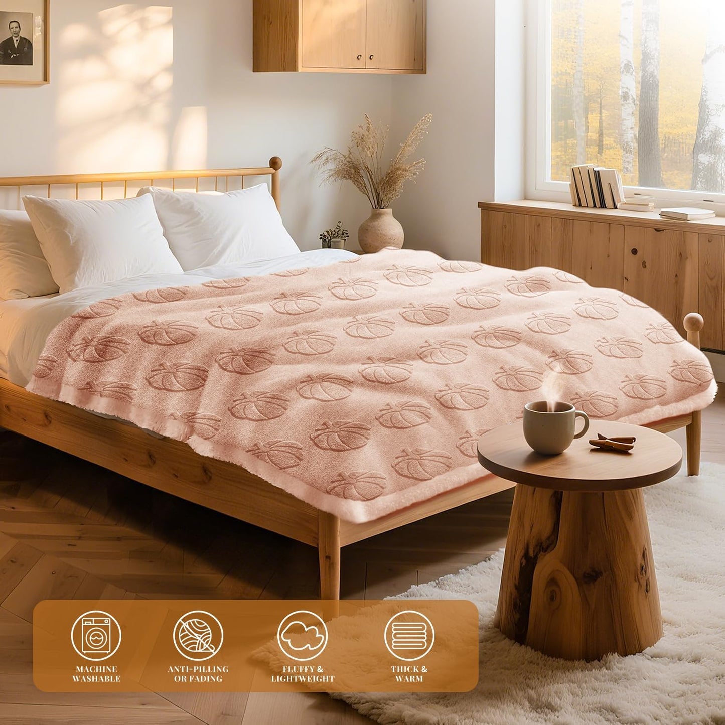 Lanpn Fall Fur Throw Blanket, 530GSM Sherpa Fleece Throws for Couch Sofa, Soft Fluffy 3D Pumpkin Blankets, Autumn Plush Cozy Blanket, Thanksgiving Home Bed Living Room Decor Gift, 50x60, Beige