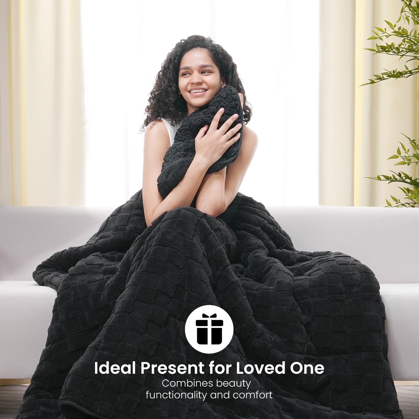 15lbs Weighted Blanket Twin Size, Classy Soft Jacquard 3D Checkered Sherpa Weighted Blankets for Adults, Cozy Fluffy Bed Blanket for Sleeping, 48 x 72 inches, Ceramic Beads, Black