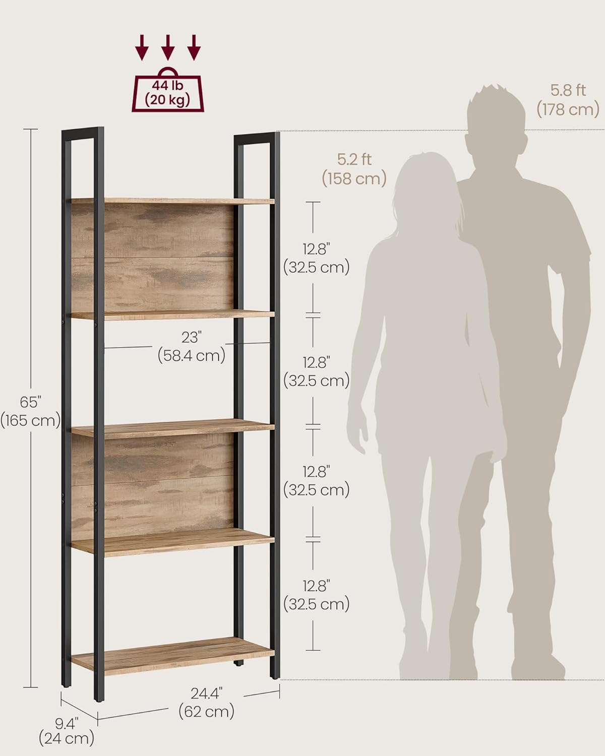 VASAGLE 5-Tier Bookshelf, Book Shelf, Industrial Bookcase, with Steel Frame, for Living Room, Home Office, Bedroom, 9.4 x 24.4 x 65 Inches, Camel Brown and Black ULLS025B50