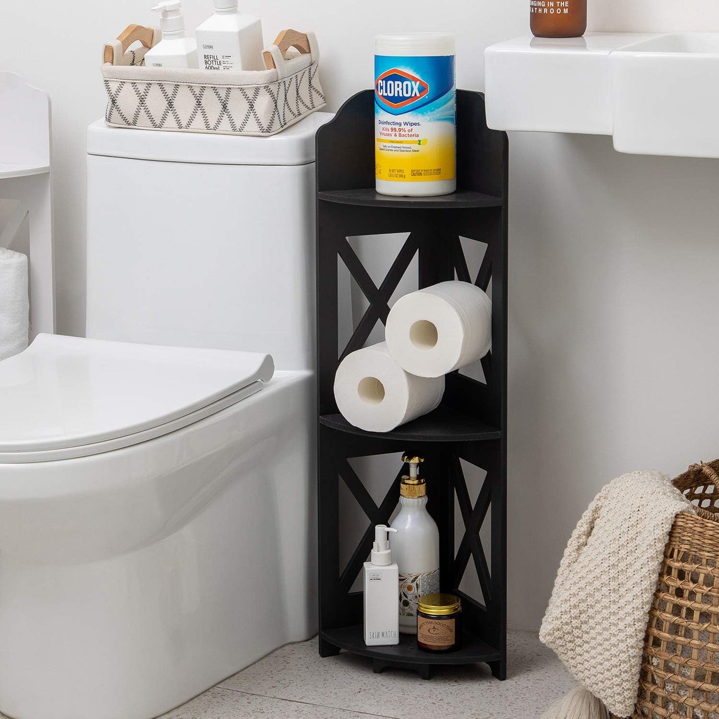 TuoxinEM Corner Table Great for Small Tiny Space Perfectly, Corner Bathroom Shelf Fit for Toilet Paper Storage, Black