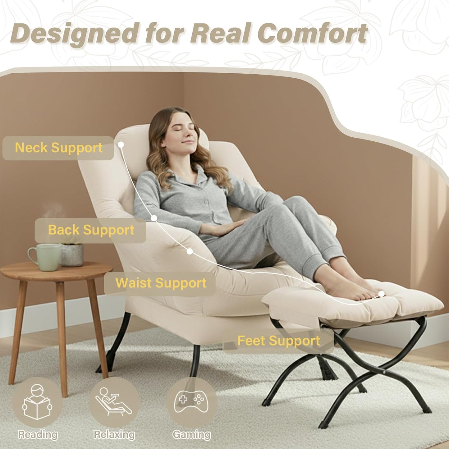 Lazy Chair and Ottoman, Large Velvet Beige Accent Chair with a Side Pocket, Modern Leisure Upholstered Reading Armchair with Footrest for Office, Bedroom, Living Room, Dorm Rooms, Balcony