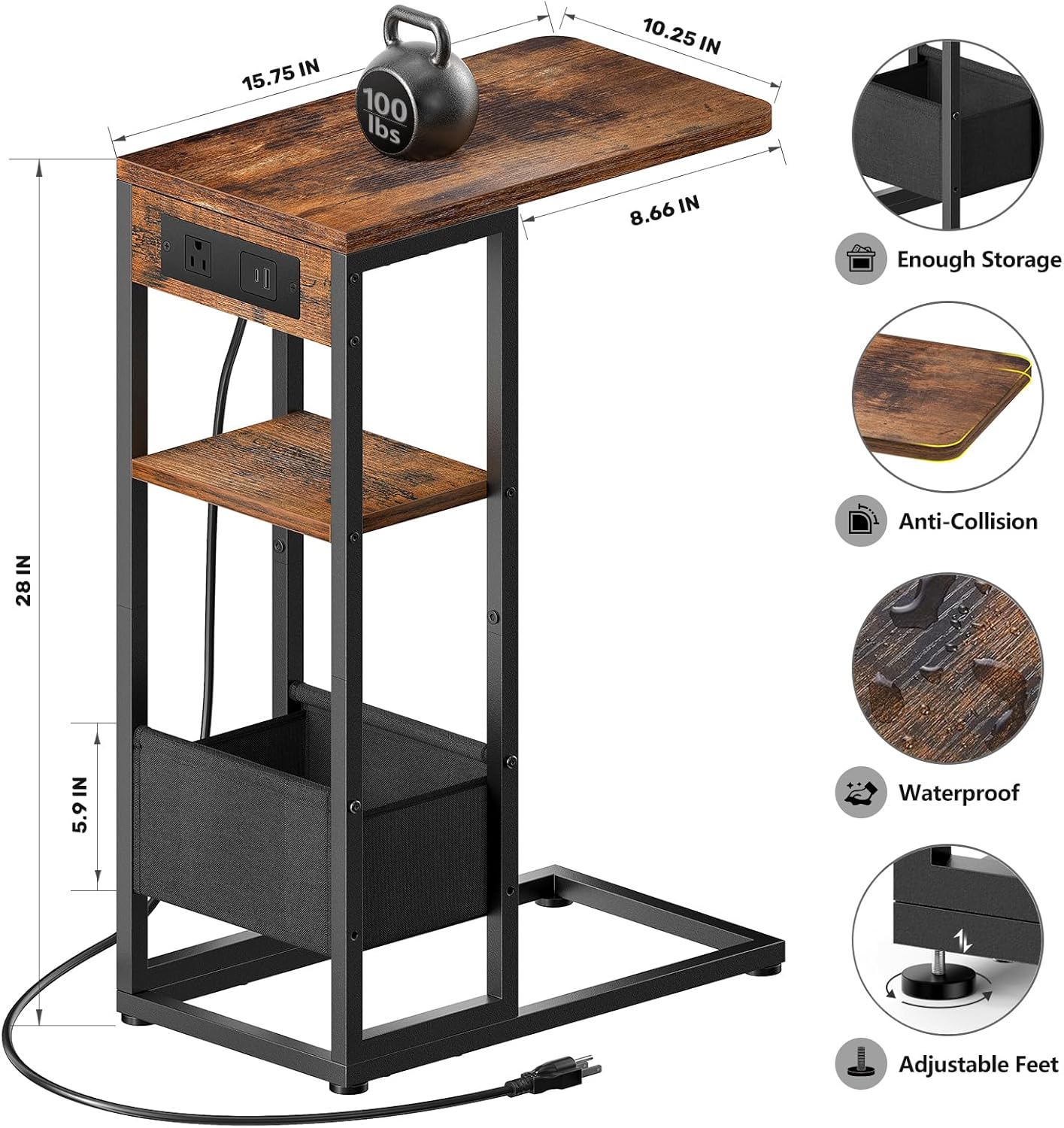 C-Shaped End Table with Charging Station — 3-Layer, Storage Bag, AC Outlet, USB Ports, Slide-Under Sofa Desk