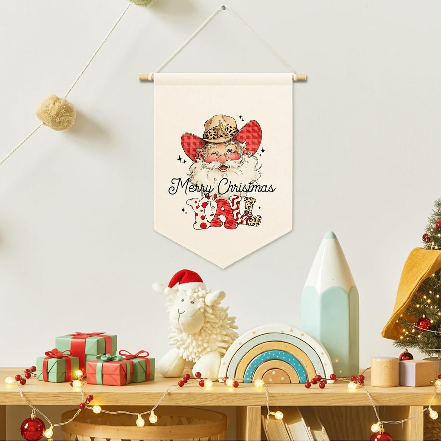Merry Christmas Y'all Santa Kids Room Decor, Western Cowboys Cowgirls Banner Canvas, Rustic Winter Wall Hanging Frame Decor Art Pennant Flag for Toddler Room Playroom 11x15in