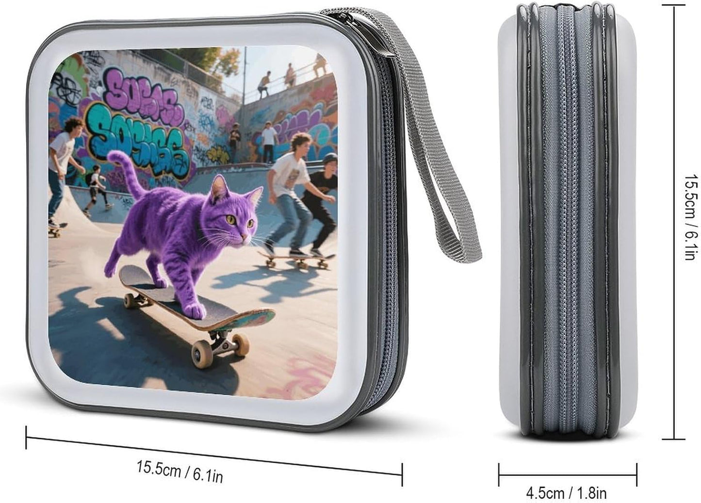 Skate Cat CD Case Portable Zipper CD Case 40 Capacity Hard Plastic DVD Cases Holder Large Storage Disc Wallet Bag for Car Home Travel DVD Collection Bag