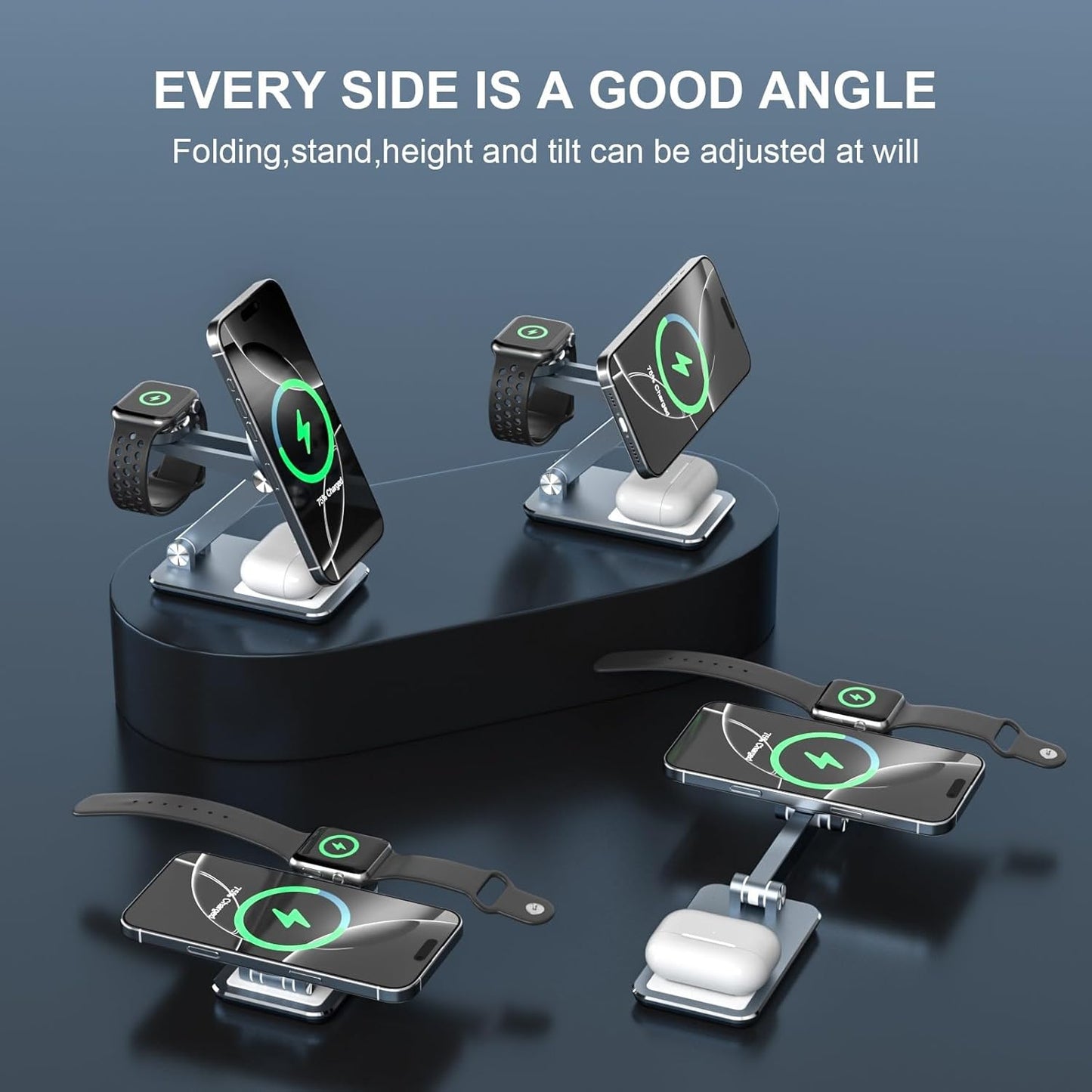 Wireless Charger 3 in 1,Foldable Wireless Charging Station for Apple MagSafe Charger,Aluminum Portable Magnetic Travel Charger Stand for iPhone,Watch,Aipods (with 20W Adapter & Case)