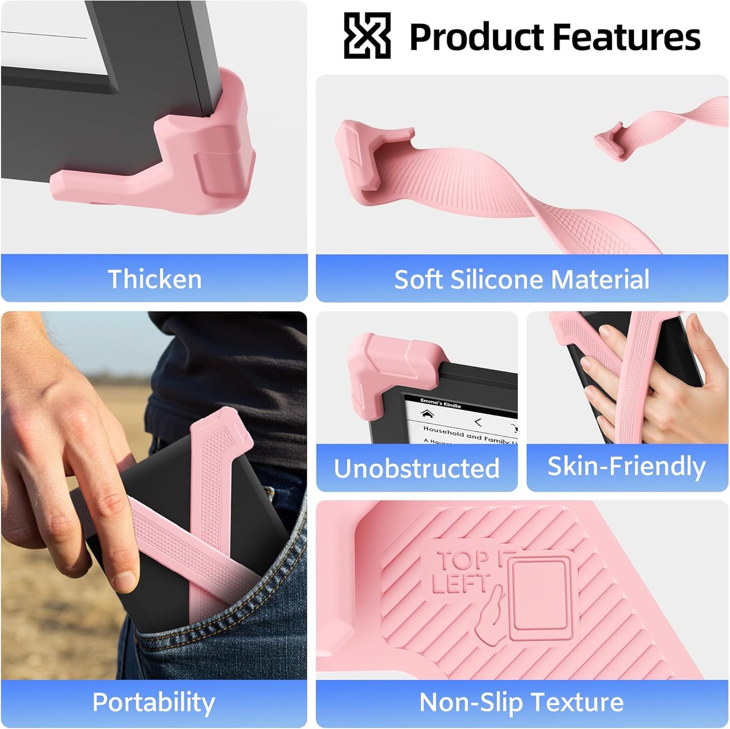ELETIUO Hand Strap for 6" Kindle/Kobo/Kindle/E-Readers -Paperwhite 7-10 Gen,2 Pack Ergonomic Silicone Finger Grip,Secure One-Handed Holder for Comfortable Reading Accessories,Medium-Pink