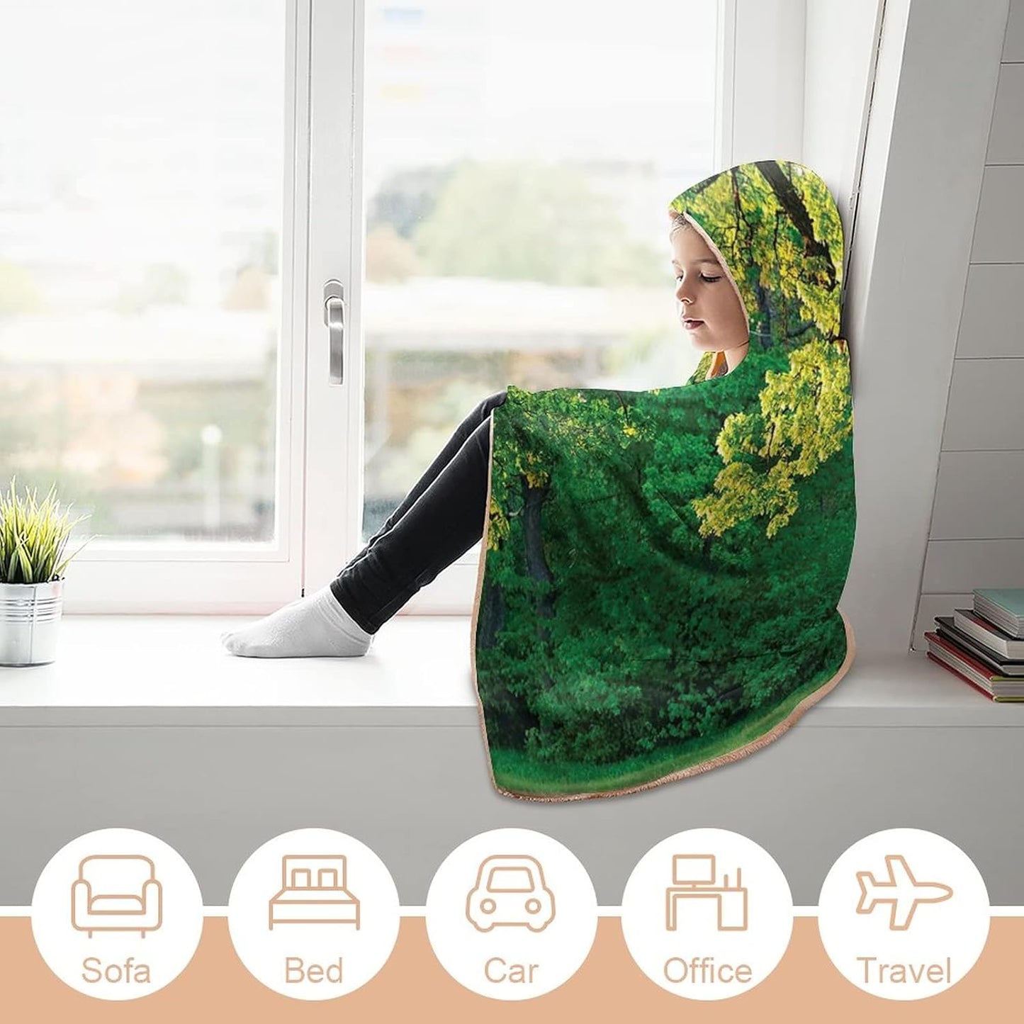 Throw Blankets, Tree of Life Women Men Hooded Blanket, Fresh Oak Leaves Park, Soft Warm Cozy, 50 x 60inches, Studying Reading Snuggling Napping Office, Multicolor