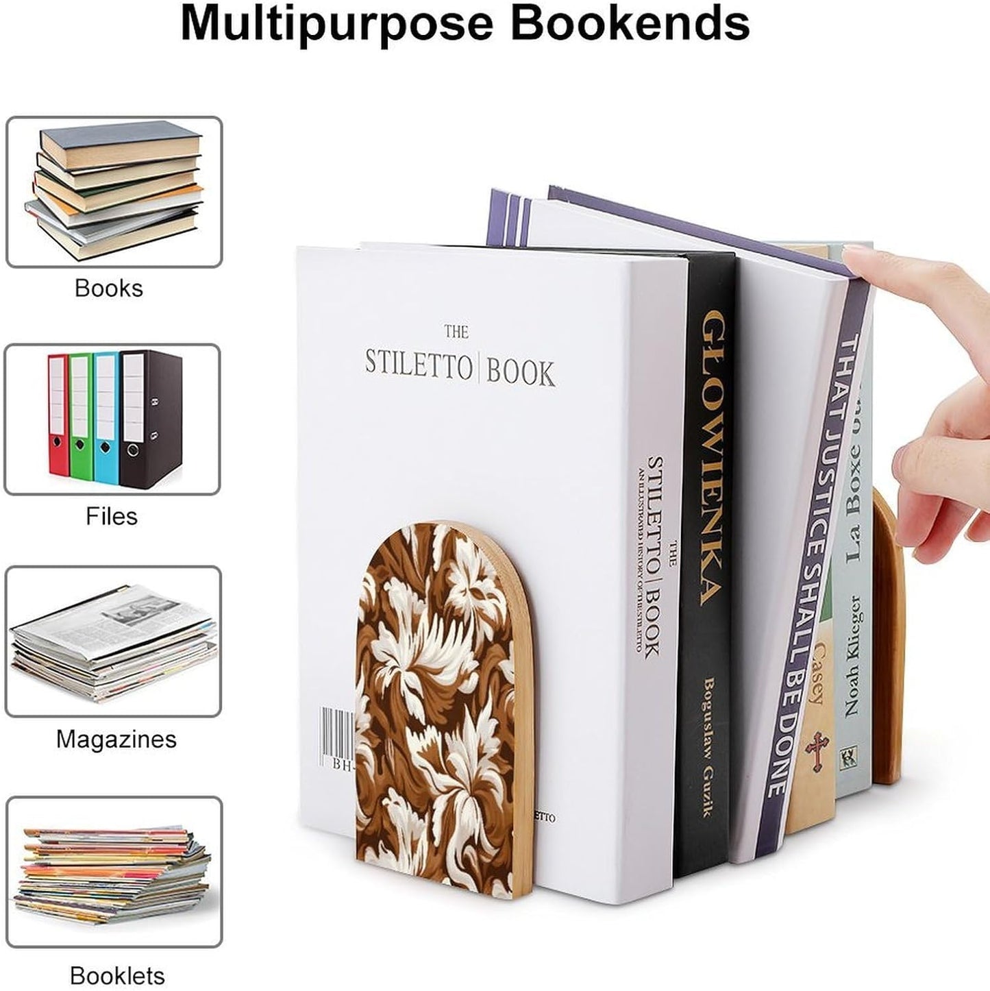 Brown and White Pattern Bookends 1 Pair Heavy Duty Book Ends for Shelves Non-Skid Bookend Supports Wooden Book Holders with Metal Base Desk Organizers Books Storage to Hold Books