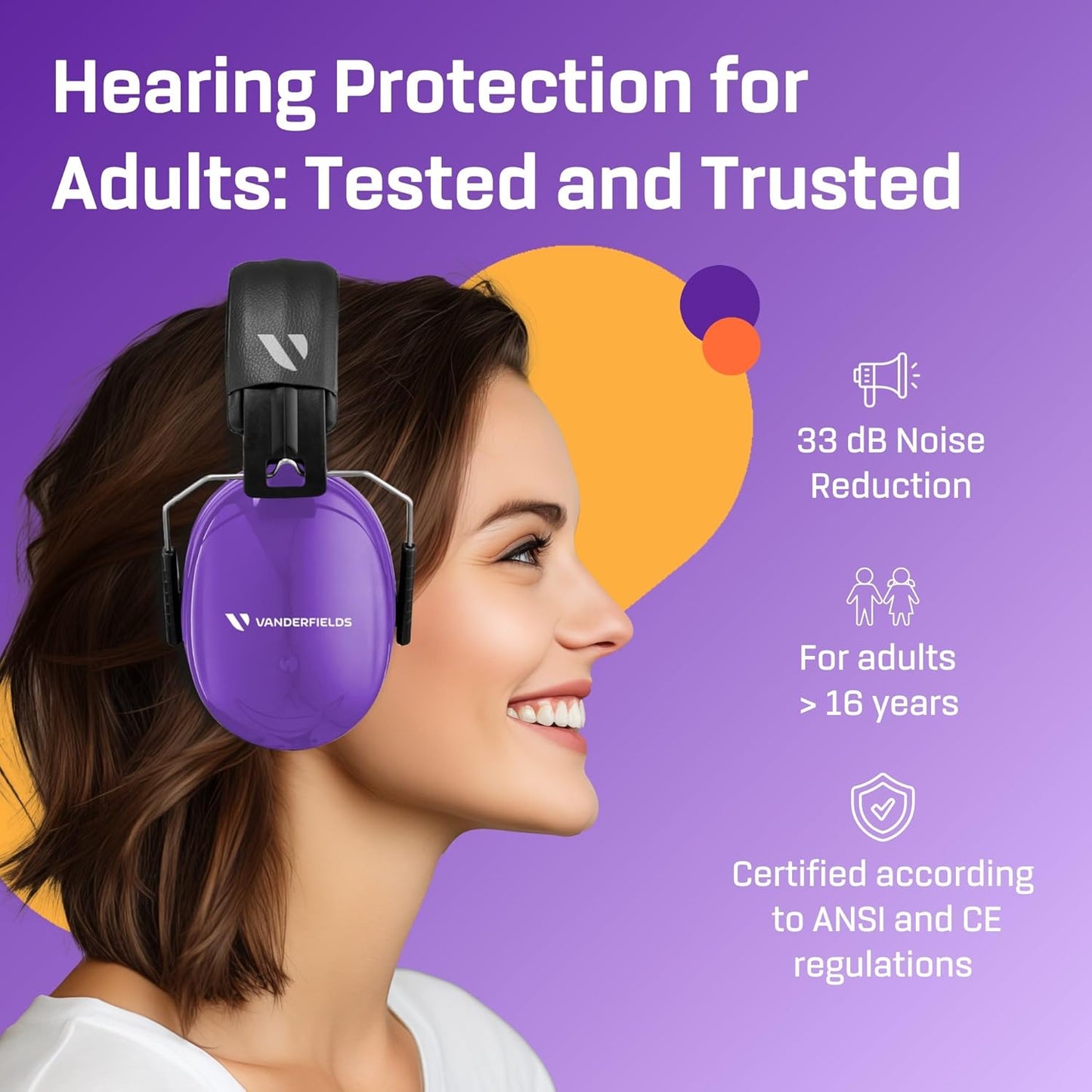 Vanderfields Premium Hearing Protection Ear Muffs - Broad Spectrum Sound Reduction 36.1dB at 2K Hz Noise Cancelling - Headset Safety Noise Cancellation - Headphones Adults and Teens - Purple Power