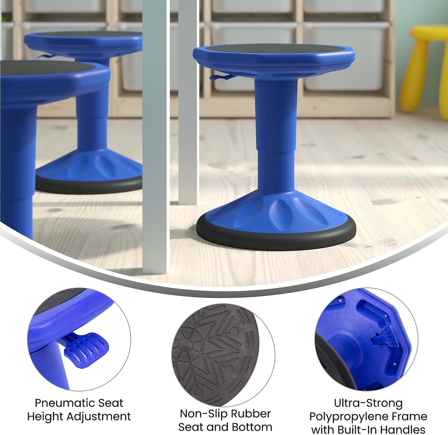 Flash Furniture Carter Adjustable Height Active Learning Stool for Classrooms, Backless Wobble Stool with 360-Degree Swivel, 14" - 18" H, Blue