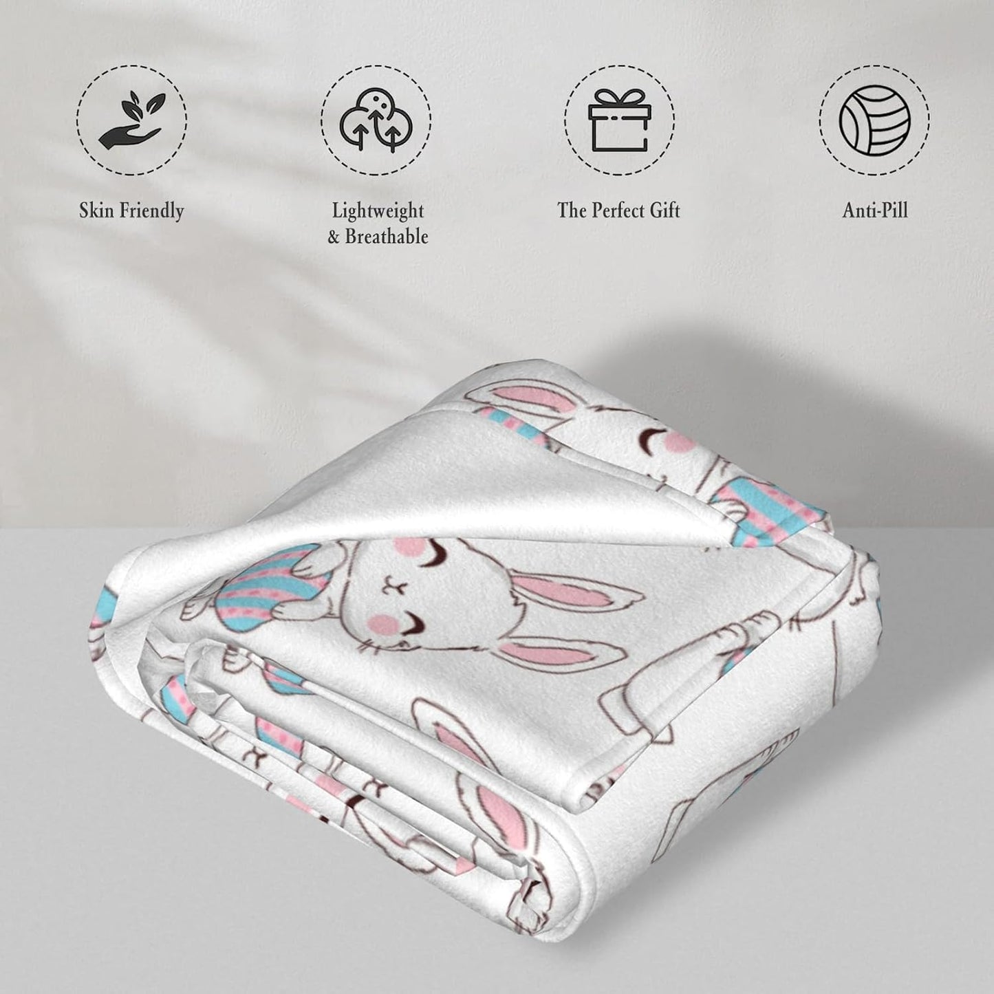 Happy Easter Bunnies Eggs Flannel Blanket, Cute Soft Lightweight Throw Fleece Blanket, Anti-Pilling 50X 60 in Women Throw Blanket for Bed Sofa Couch Camping Travel