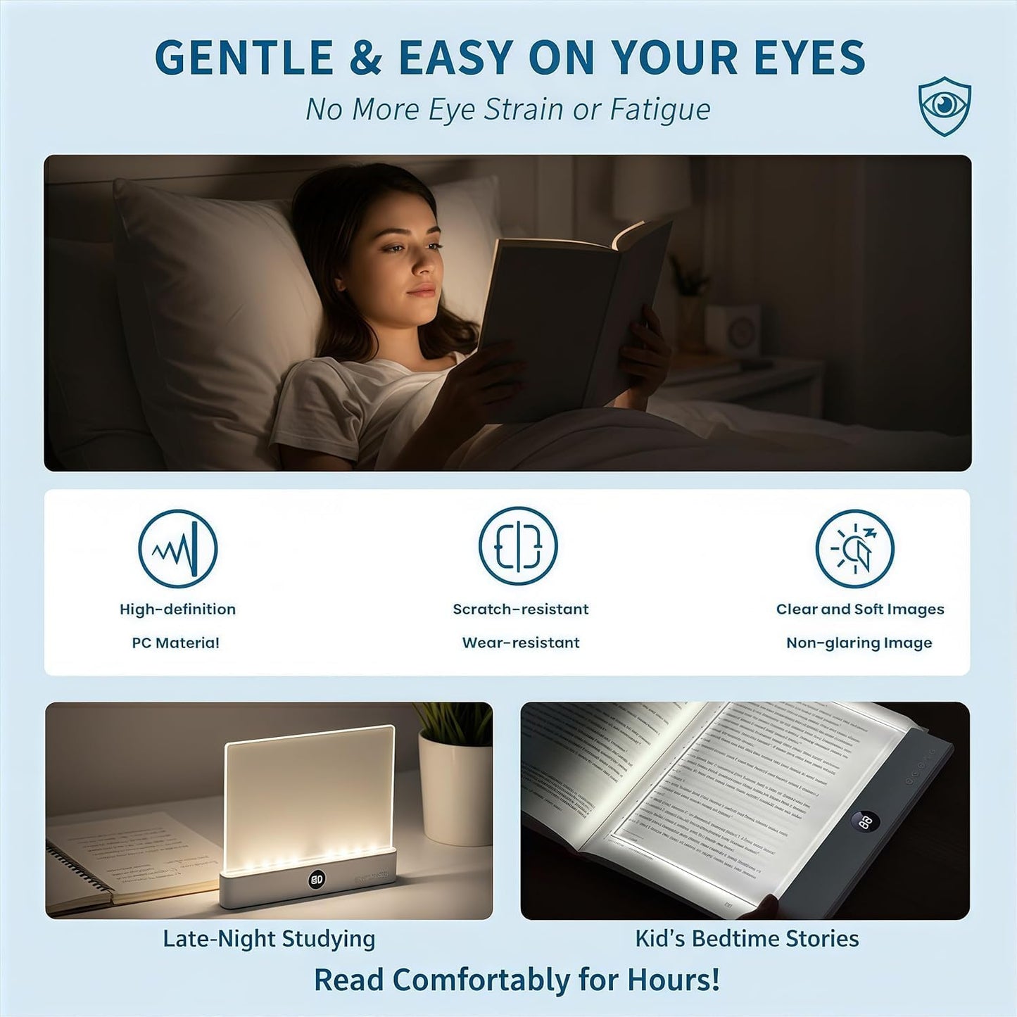 2026 Upgraded Book Light, Rechargeable Clear LED Flat Book Lights for Reading in Bed at Night with 3 Colors & Timer, Dimmable Panel Plate Lamp Full Page Light, Gift for Readers Women Men (white)