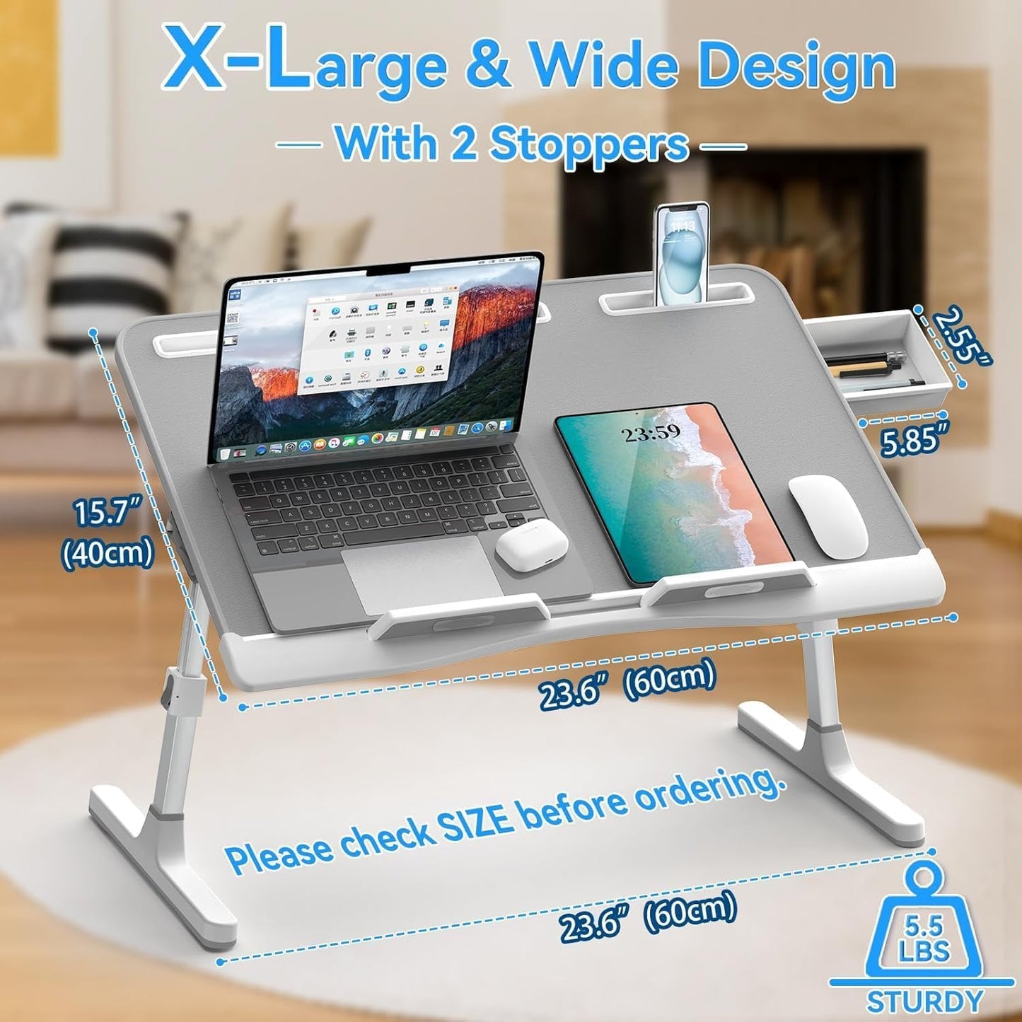 Laptop Bed Desk, X-Large Leather Adjustable Computer Bed Table Tray, Foldable Laptop Lap Desk for Bed Sofa Couch Floor Writing Eating Working with Drawer 2 Movable Stoppers (23.6 inch, Grey)