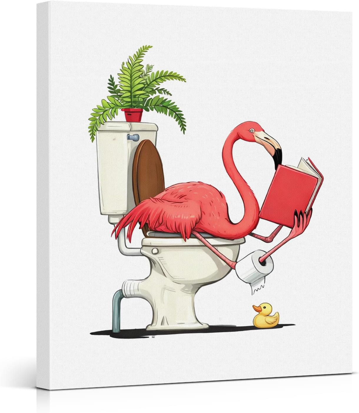 Funny Flamingo Bathroom Wall Art Print - Flamingo Reading on Toilet Canvas Poster Painting - Tropical Animal Bathroom Wall Decor 8x10 Inch Framed