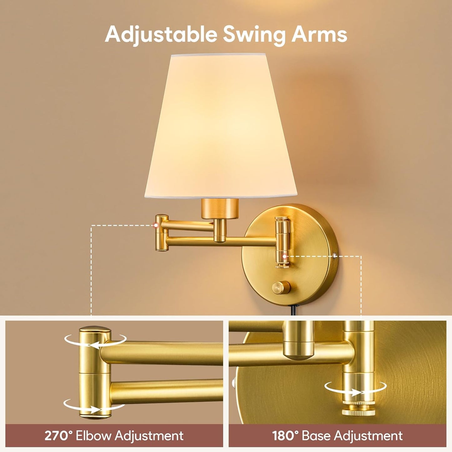 VONLUCE Swing Arm Wall Lamp, Plug in & Hardwired Wall Sconce, Adjustable Wall Mounted Lighting Fixture, Modern Wall Light with Golden Base White Fabric Shade for Bedside, Hallway, Reading