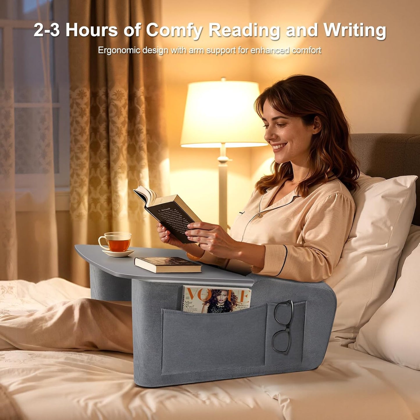 Reading Pillow for Gaming with Ergonomic Arm Rests, Wooden Lap Desk for Laptop, Support Pillow with Side Pockets for Reading, Writing, Working, Gaming on Bed, Couch or Floor (Gray, Large)