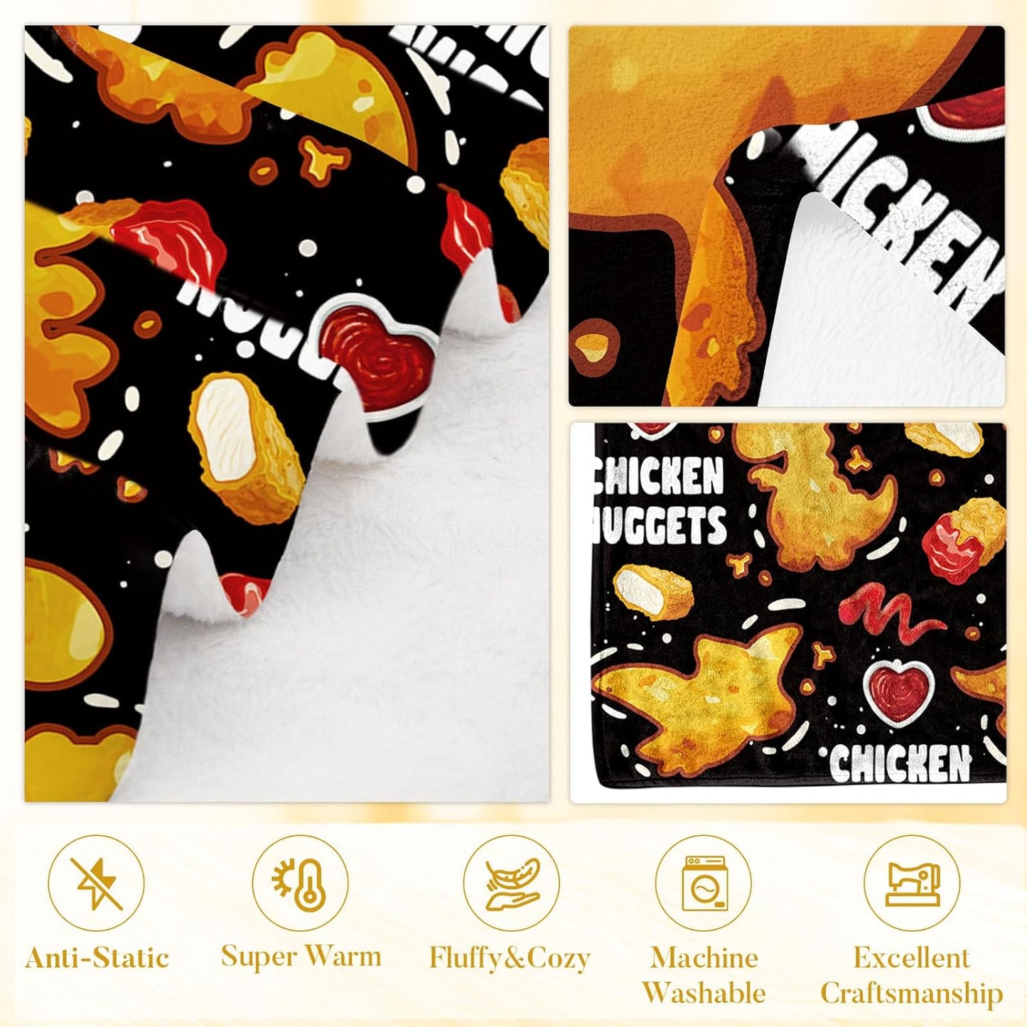 Chicken Nuggets Blanket, Funny Food Blanket for Friend Adults, Cozy Chicken Nugget Themed Gift, for Girls, and Food Lovers, Soft Flannel Blanket for Holiday 50x60in