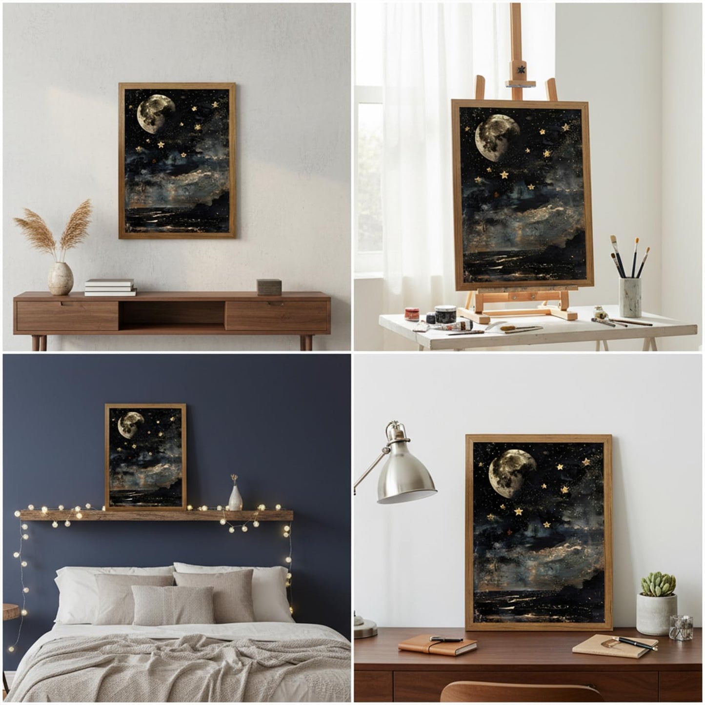 Dark Academia Celestial Canvas Wall Art Vintage Moon and Stars Wall Decor Moody Star Landscape Painting Artwork for Bedroom Living Room 8x10 Inch Wood Framed
