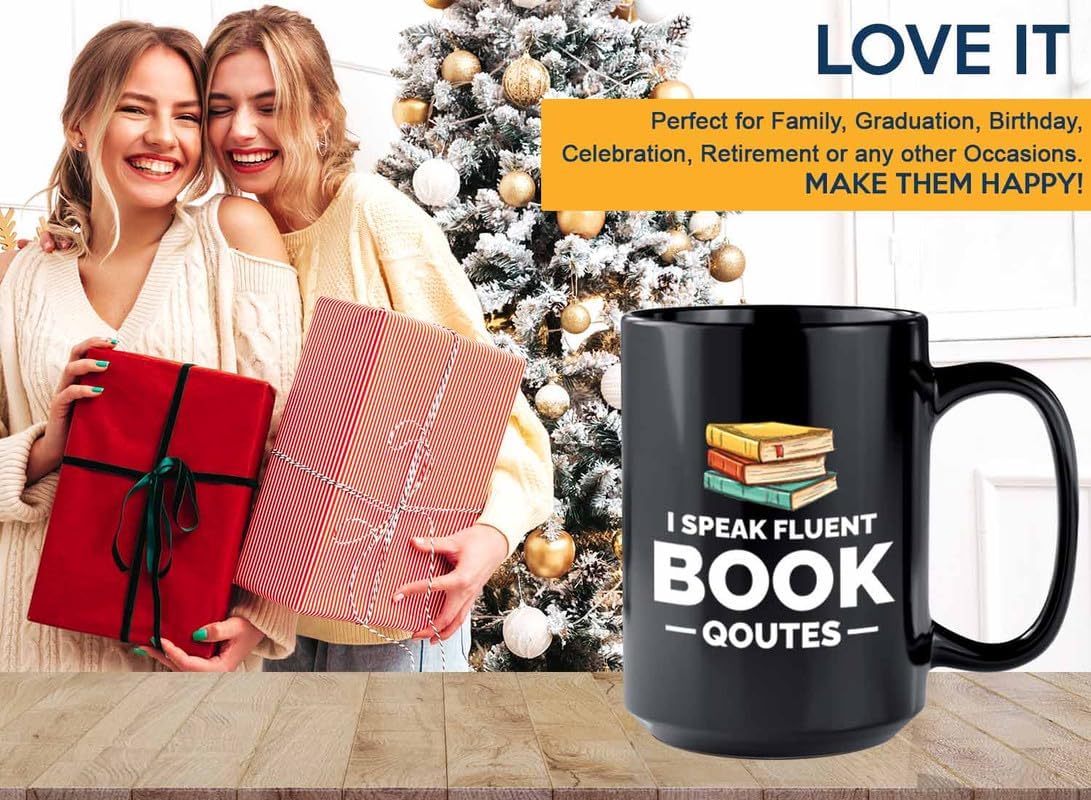 Book Lover Coffee Mug 15oz Black - i speak fluent book - Gift For Poets Bookish People Bibliophile Librarian Book Club Reader