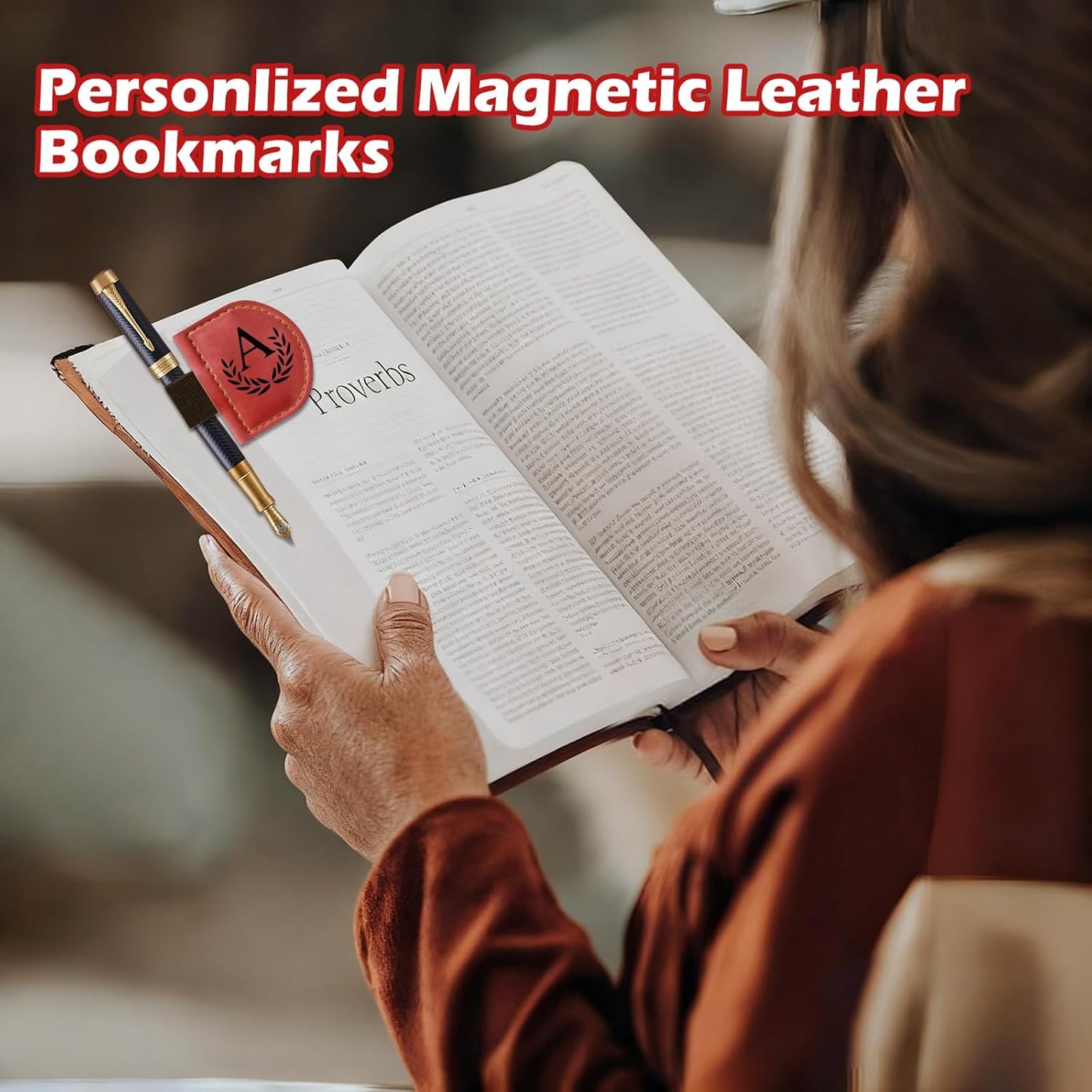 Personalized Bygone Mark Bookmark with Pen Holder, Magnetic Bookmarks with Vintage 26 Letters, Engraving Leather Magnetic Pen Holder Bookmark for Women Book Lovers Gifts (Red, A)