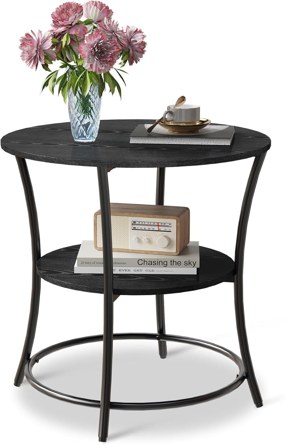 WLIVE Side Table, Round End Table with 2 Storage Shelves for Living Room, Bedroom, Nightstand with Steel Frame for Small Spaces, Accent Coffee Table, Black