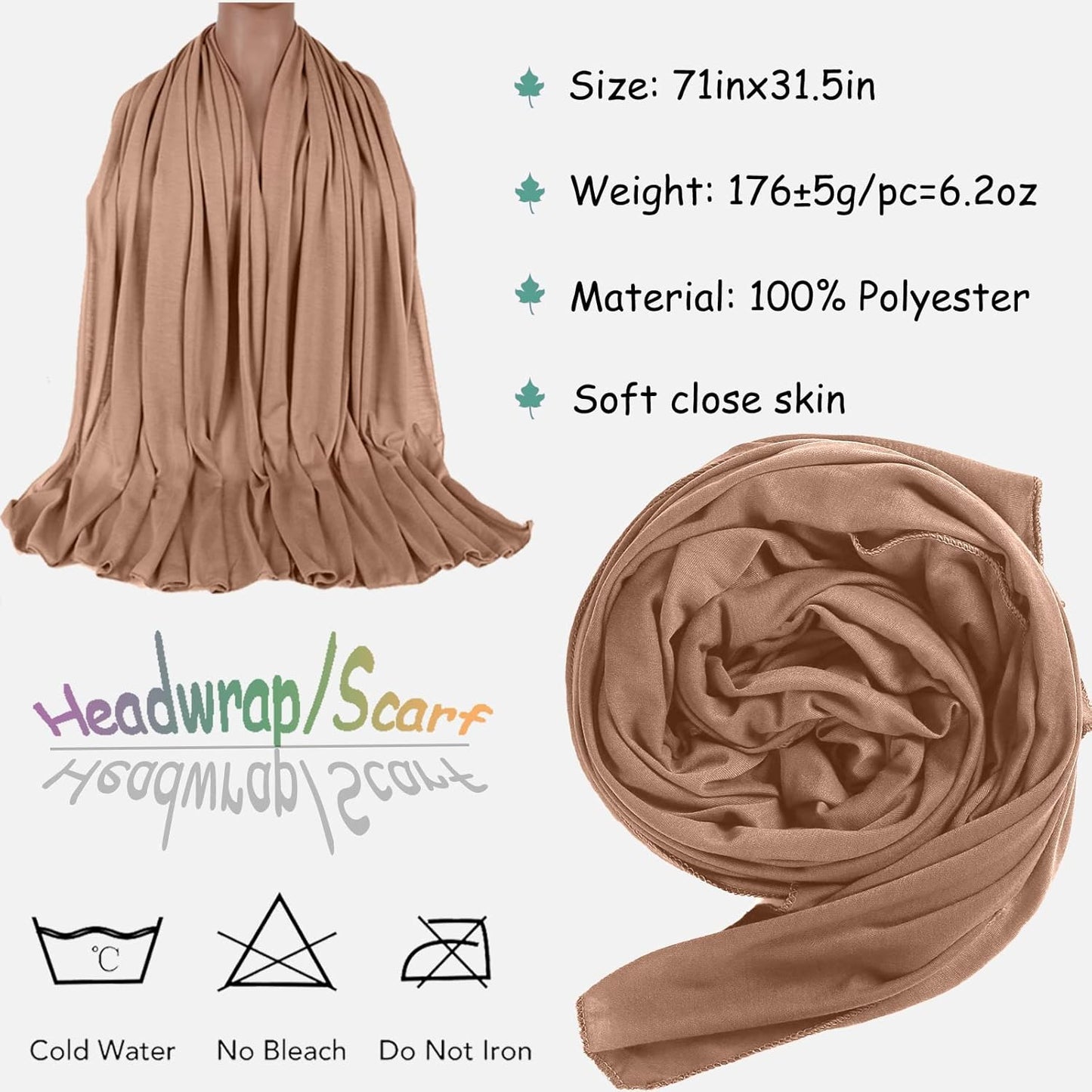 ZRQ 5 Pieces Solid Color Multicolor Combination Stretch Hijab Extra Long Scarf Jersey Turban Fashion Head Scarf Soft Head Wraps for Women (Black,Camel,Coffee,Army Green,Turmeric)