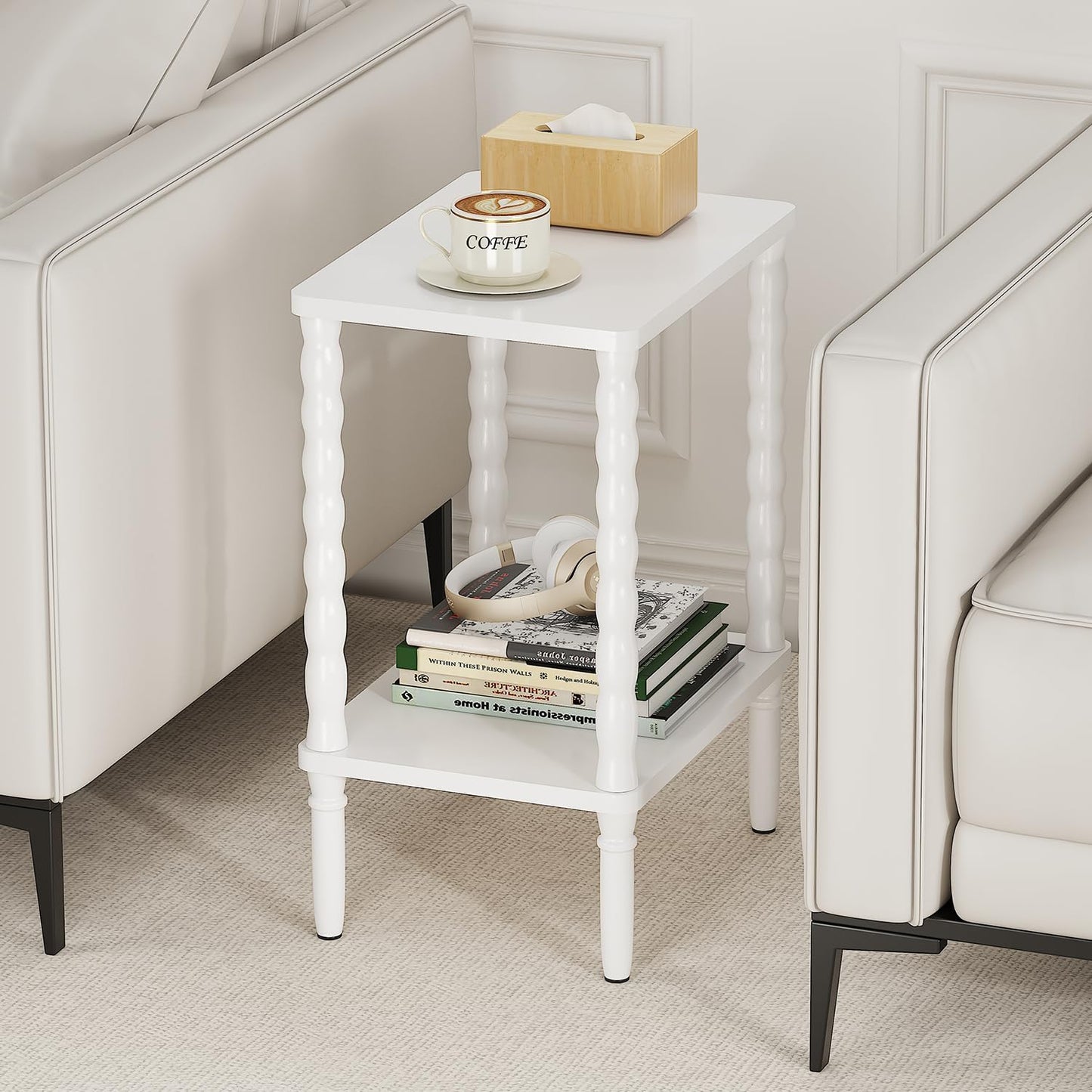 Small Narrow Side Table, Vintage End Table - Skinny Bedside Nightstand for Small Spaces, Couch/Recliner Accent Table for Bedroom Living Room Nursery, No-Tool Assembly (White)