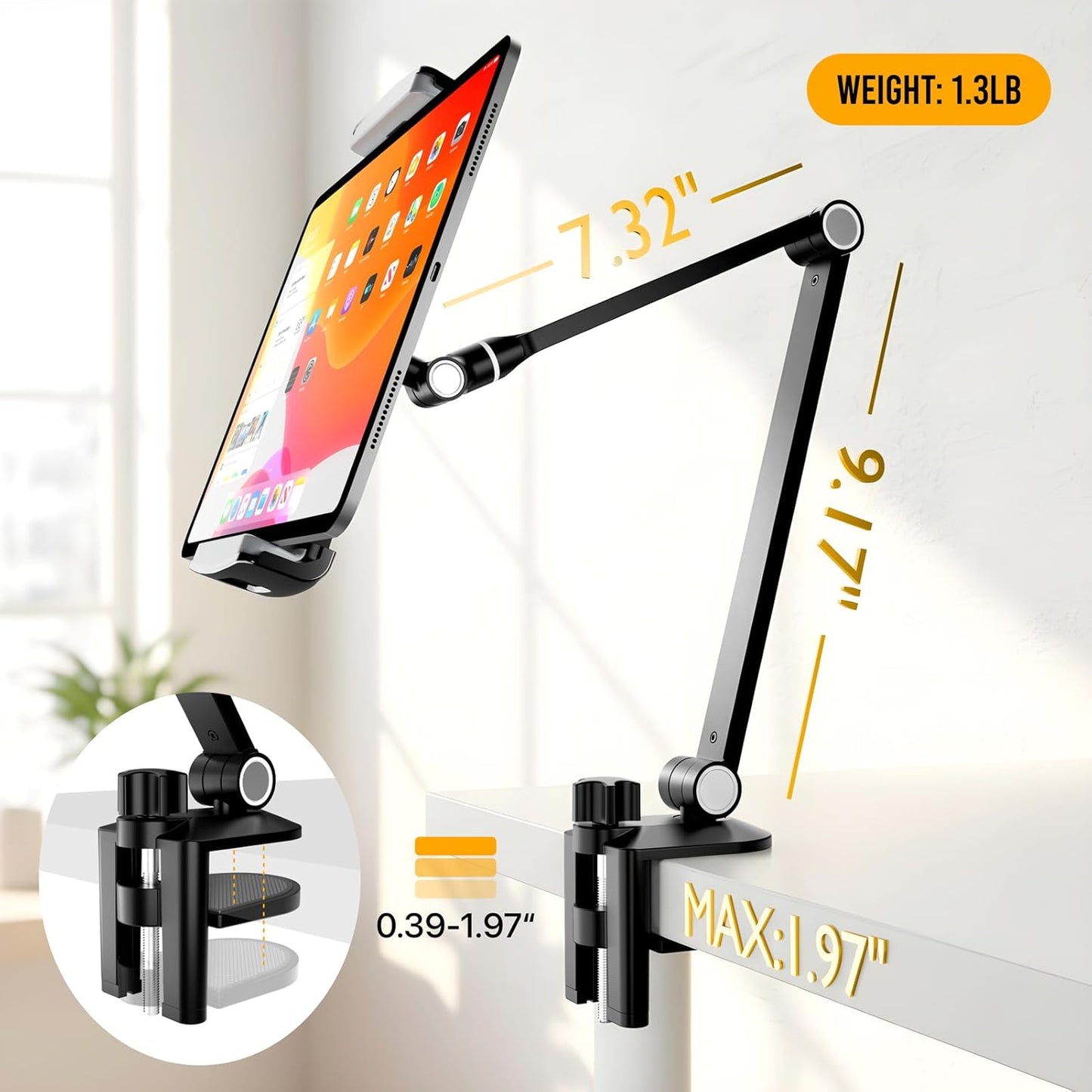 Tablet Stand Holder-Adjustable iPad Desk Mount with 360° Rotating Base for 6.3-16" Devices-Foldable Aluminum ipad Arm Mount for Desk,Bed,Kitchen-Compatible with iPhone,iPad,Tablet,Portable Monitor