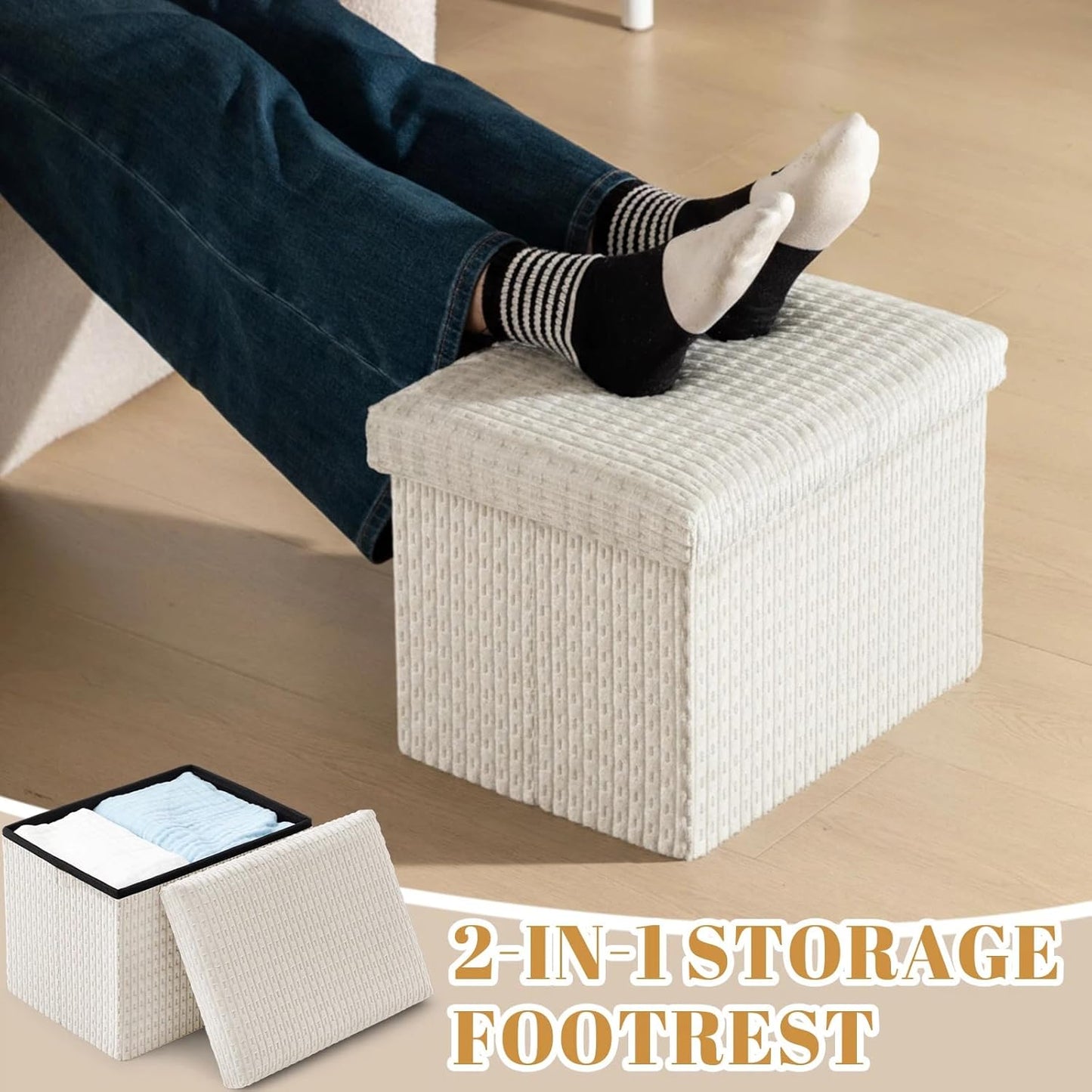 Thyle Storage Ottoman with Lid, Foldable Foot Rest Stool with Hidden Storage, Corduroy Ottoman for Living Room Bedroom Dorm Under Desk, 16x12x12 Inch(Beige)
