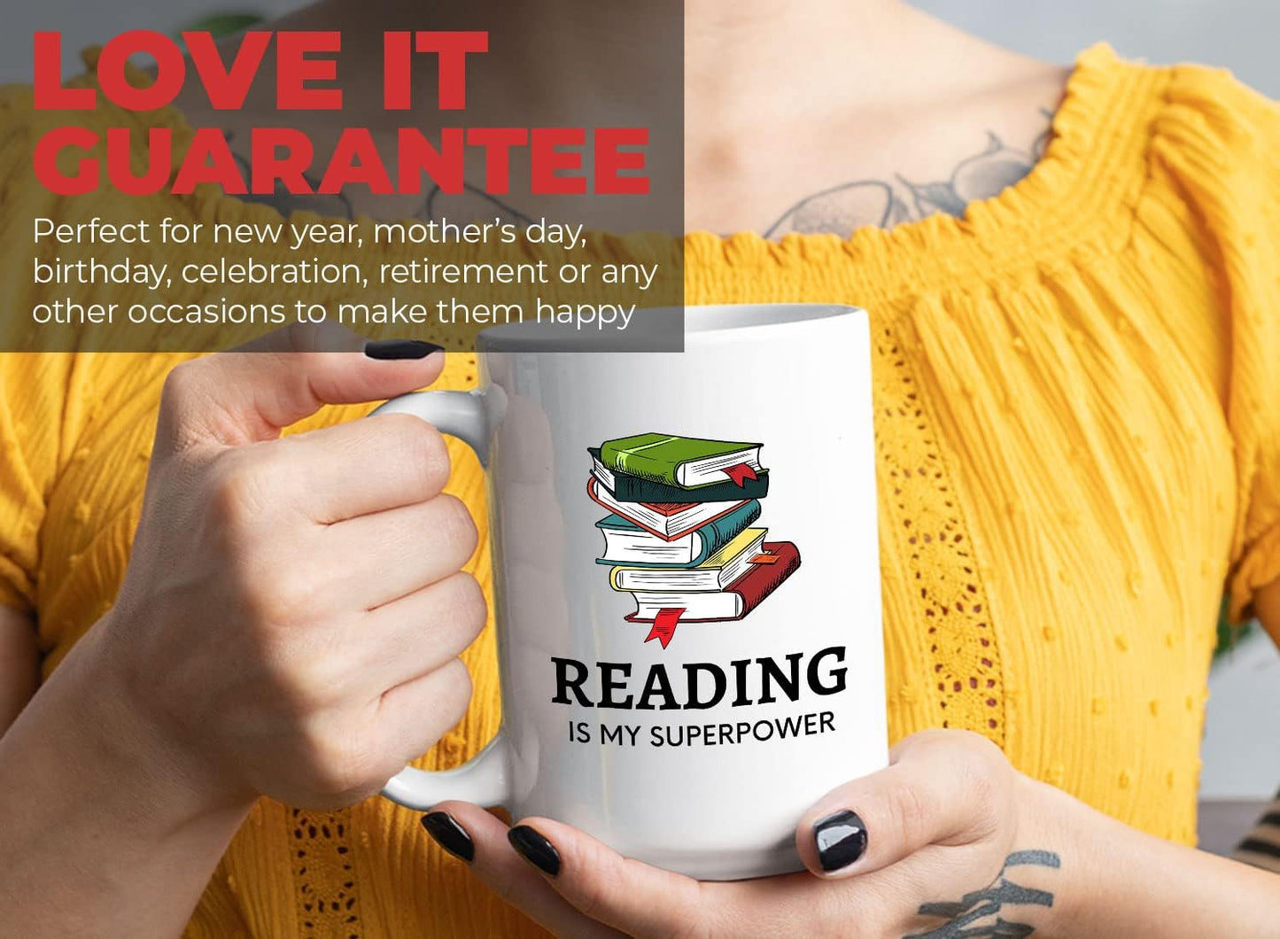 Bubble Hugs Book Lover Coffee Mug 15oz White - Reading Is My Superpower B - Reading Owl Reader Stack of Books Book Lover Bookish Novelist Librarian Writer