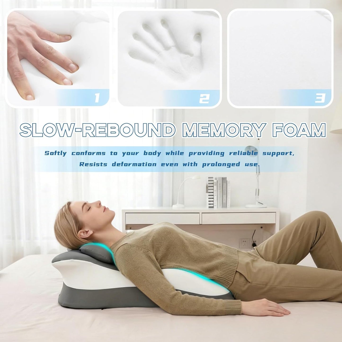 Memory Foam Ergonomic Reading Pillow for Bed, Multi-Position Support Pillow for Reading in Bed, Prone Sleeping, Lumbar & Leg Support, Helps Relieve Back Pain, Acid Reflux, with Removable Cover