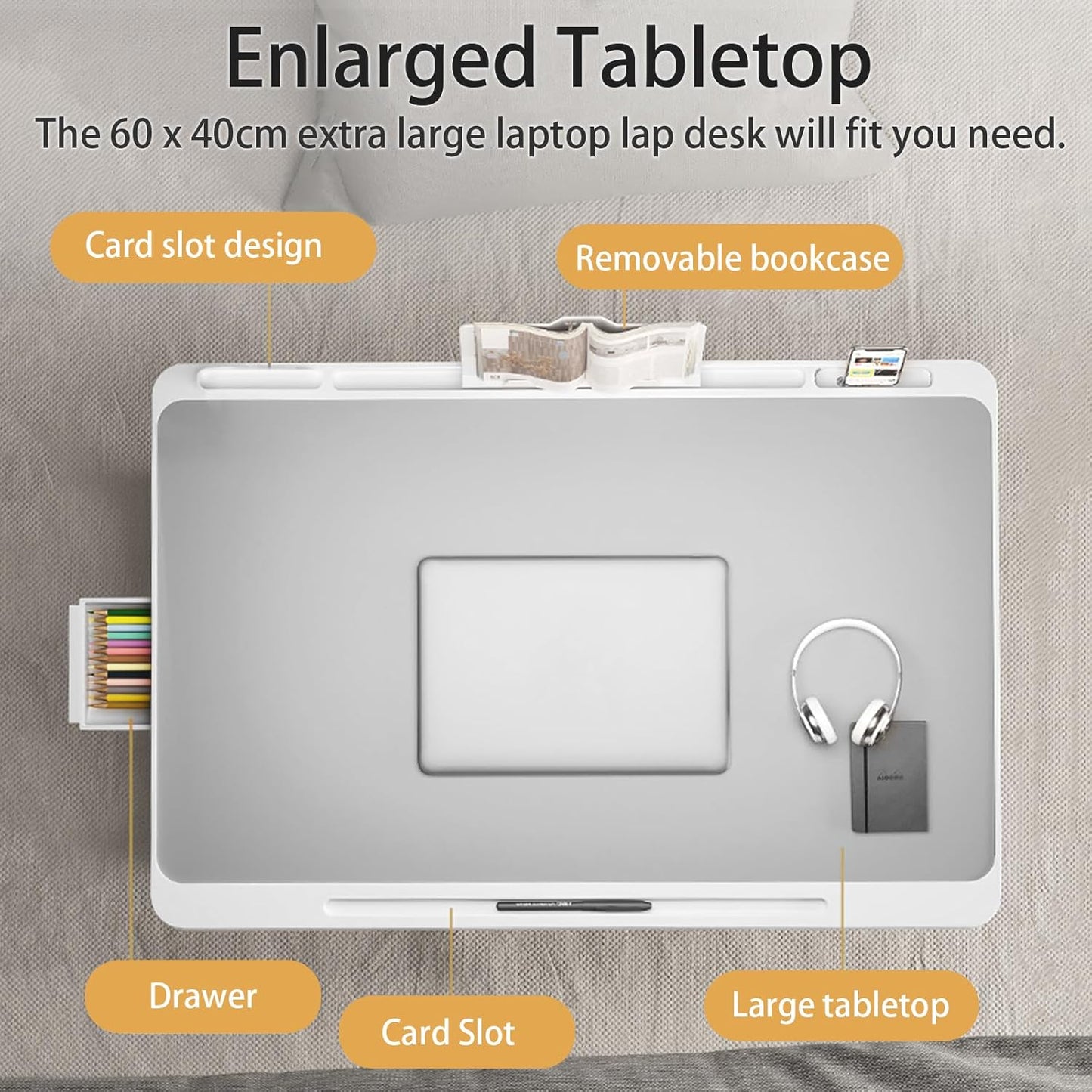 Laptop Desk for Bed, Laptop Bed Tray Table, Foldable Lap Tablet Table with Storage Drawer and Bookstand, Lap Desks Bed Trays for Sofa Couch Floor (Grey)