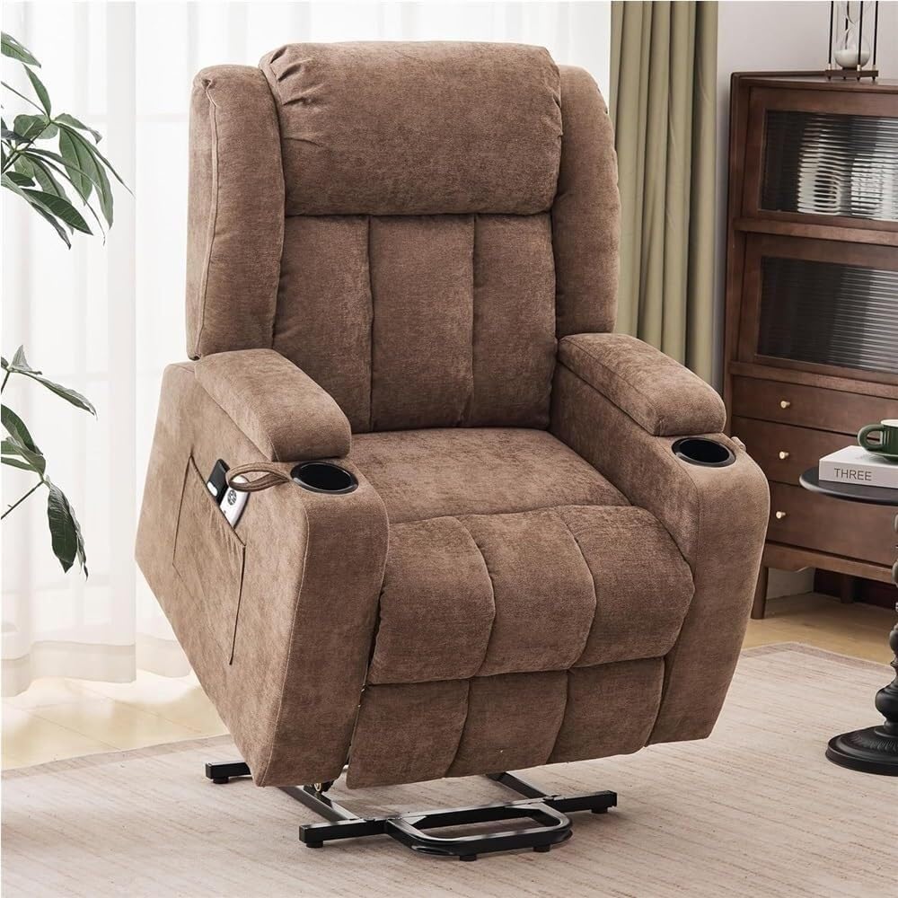 Electric Power Lift Recliner Chair with Massage Heat Faux Leather Adjustable Ergonomic Leisure Chairs for Elderly Comfortable Sofa USB Charging Port Cup Holders