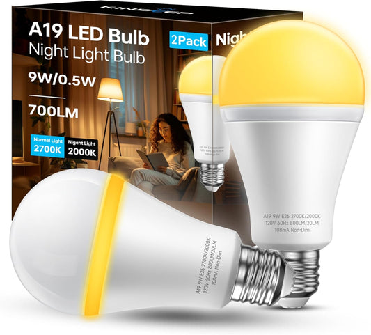 KINDEEP Sleep Night Light Bulbs: E26 Blue Light Blocking Dim Bulbs with 2 Modes, 0.5W Amber Lights with 20lm 2000K, 9W Equivalent 60W, 800lm 2700K, Ideal for Lamp, Bedroom, Sleep & Nursery, 2 Pack