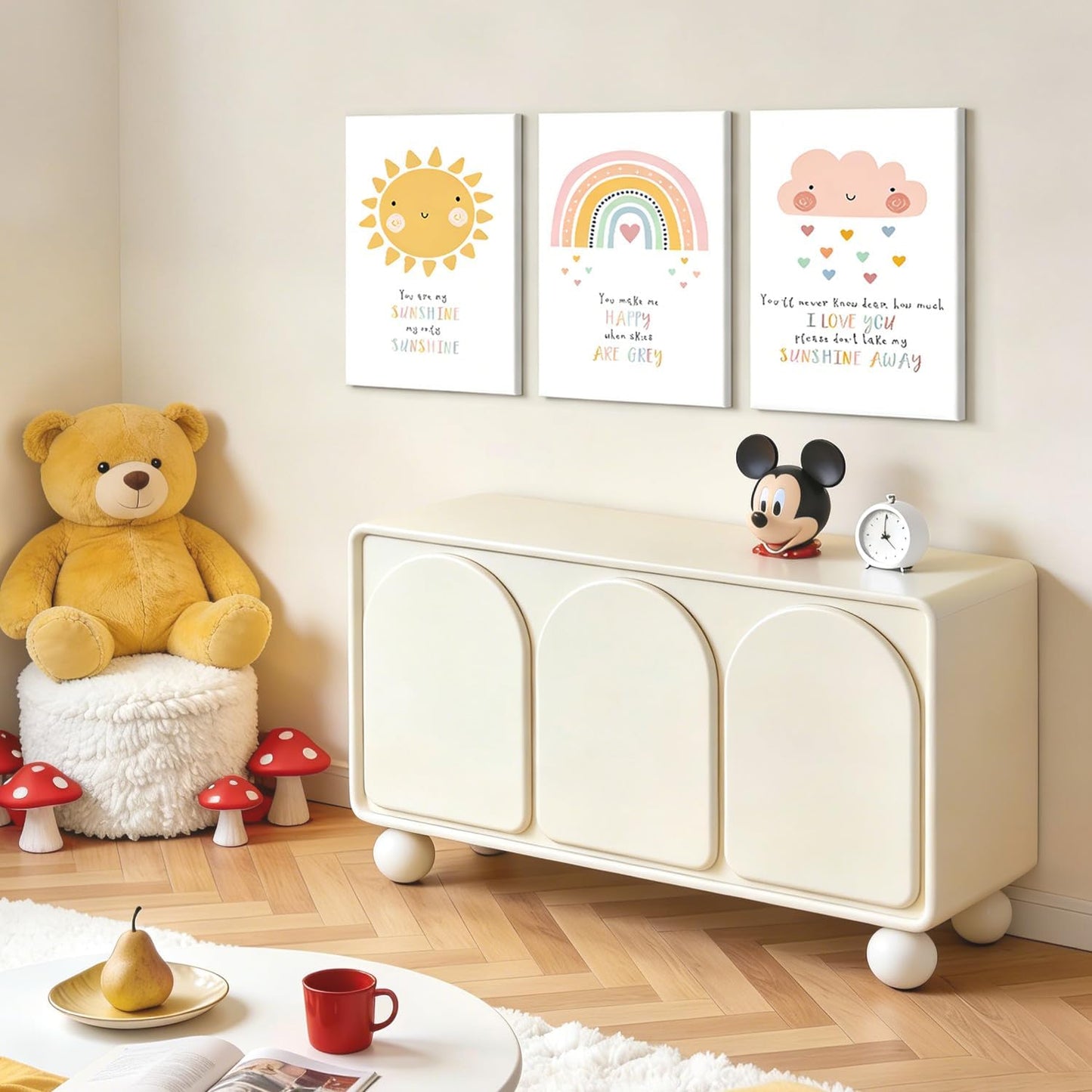 NCCXNCC 3Pcs Children's Room Canvas Wall Art Cute Sun Rainbow Cloud Painting Pastel Baby Room Wall Decoration Artwork Simple Children's Room Poster Print Suitable for Nursery Bedroom 16x24Inch Framed